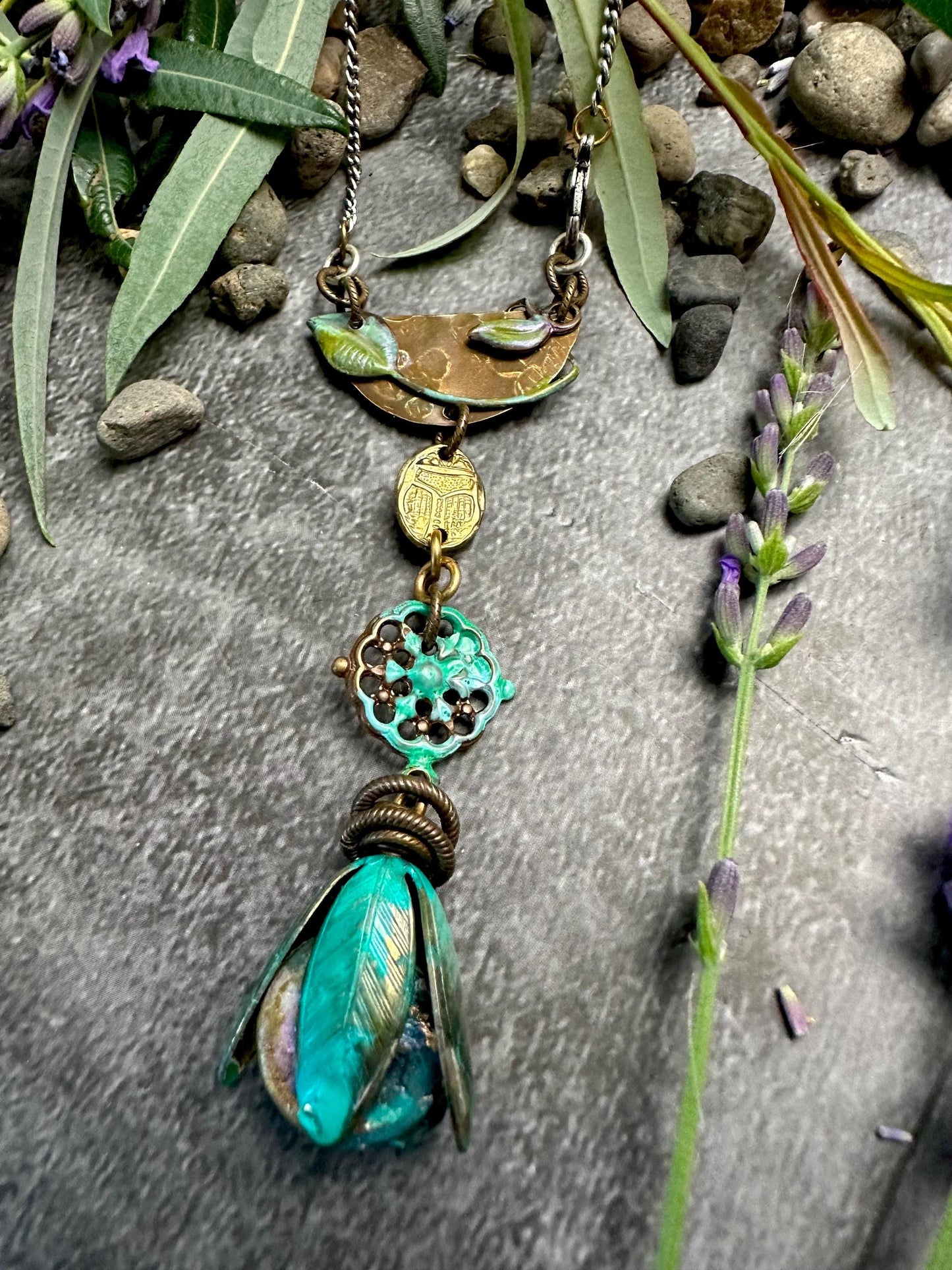 Lotus scarab Necklace - Handmade Beaten Brass Hand Patina