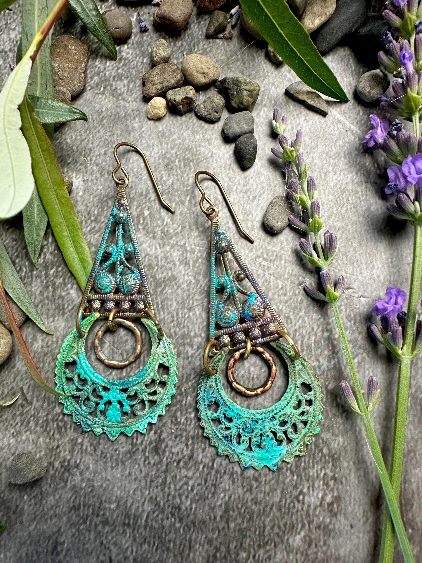 Verdigris Filigree Moon Earrings- Handmade Solid Brass Green Blue Hand Patina
