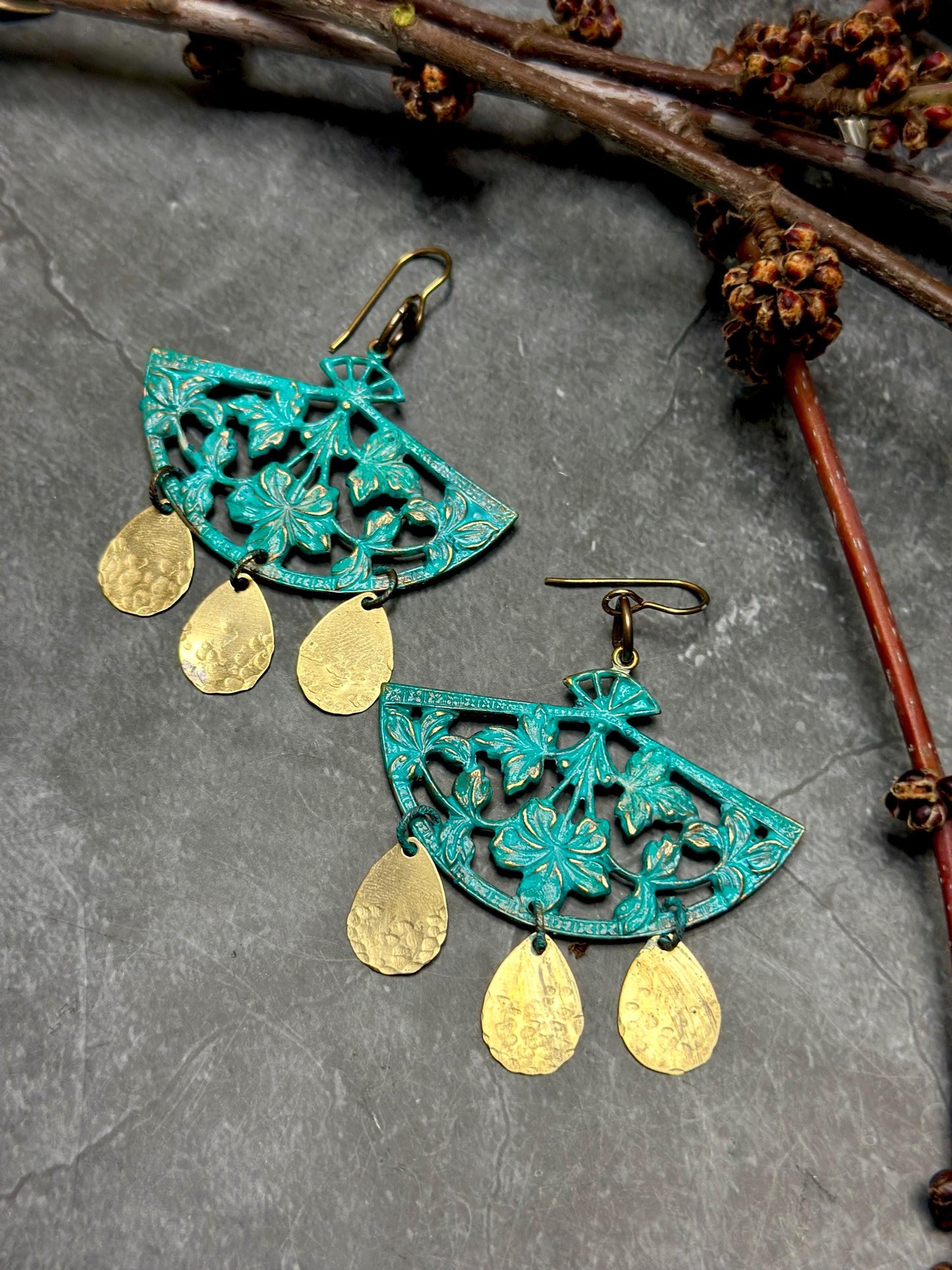 Dynasty Bloom Earrings- Handmade Beaten Solid Brass Verdigris