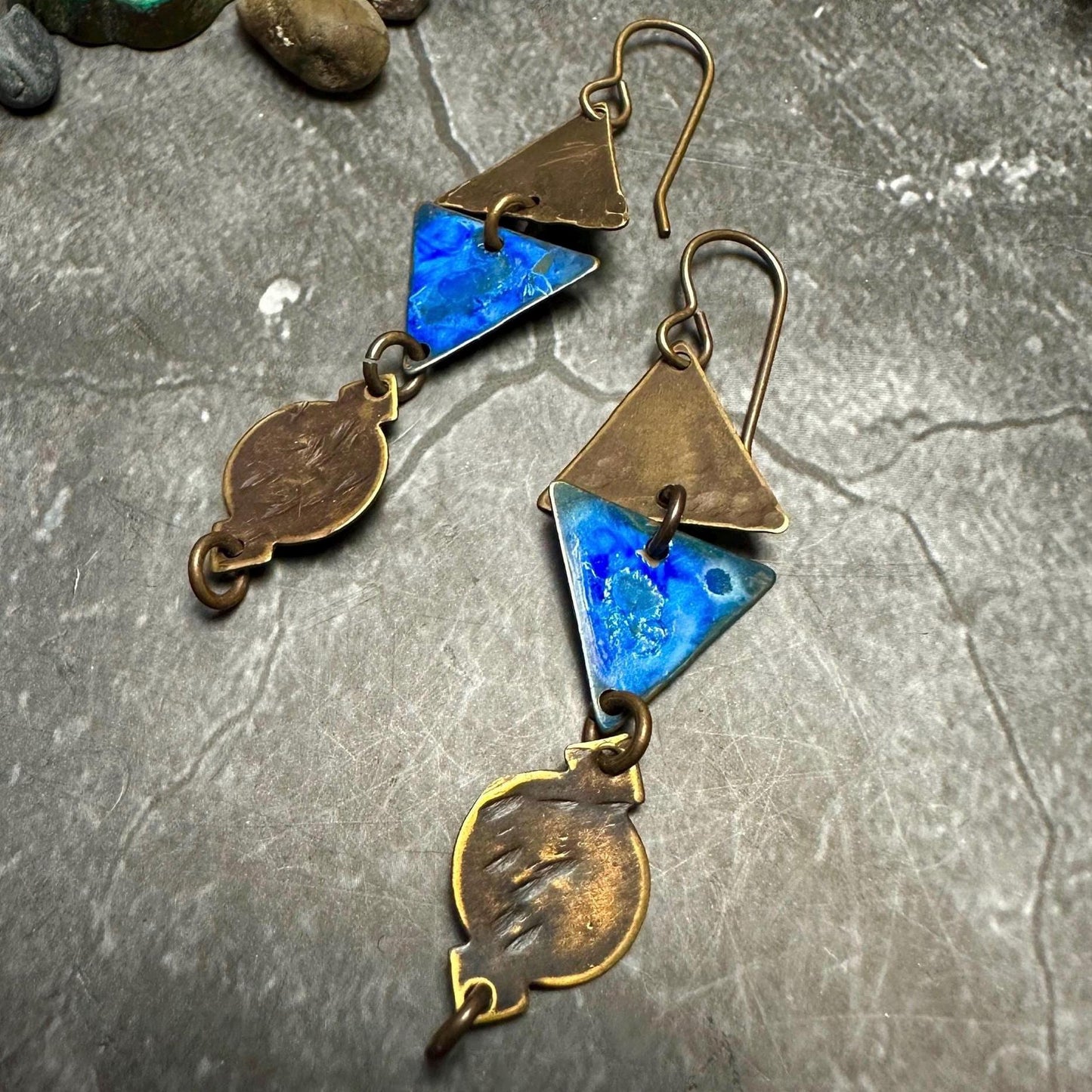 Geometric Triangle Ancient Vessel Earrings- Hand Enamel Blue Bronze Handmade Solid Beaten Brass