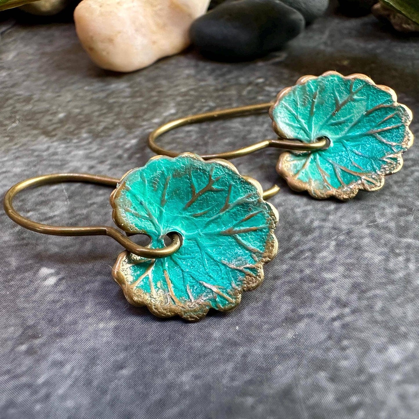 Lily Pad Leaf Earrings: Handmade Brass with Tiffany Green