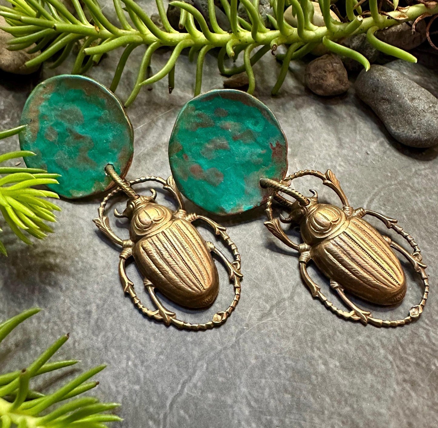 Scarab Moon Post Earrings- Handmade Solid Vintage Tooled Brass Hand Patina