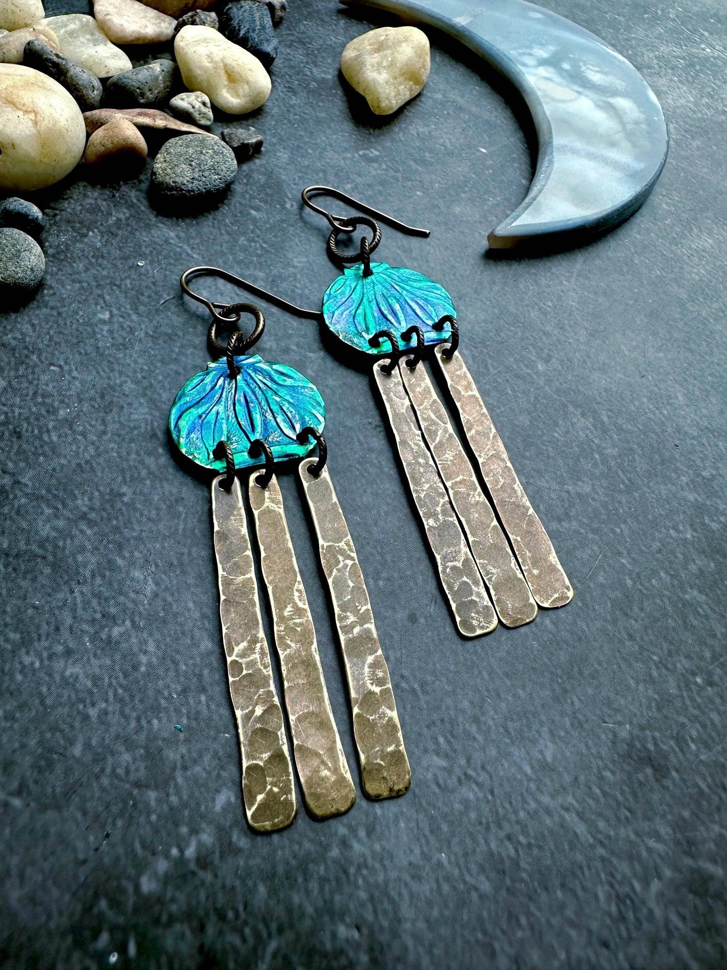 Lantern Earrings - Handmade Solid Beaten Brass Green Patina