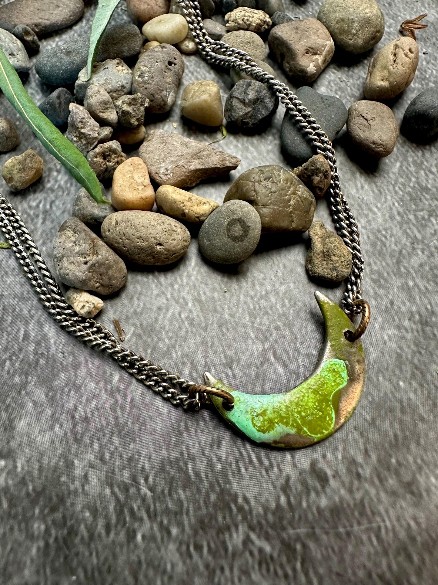 Patina Moon Necklace - Handmade Hand Patina Finish