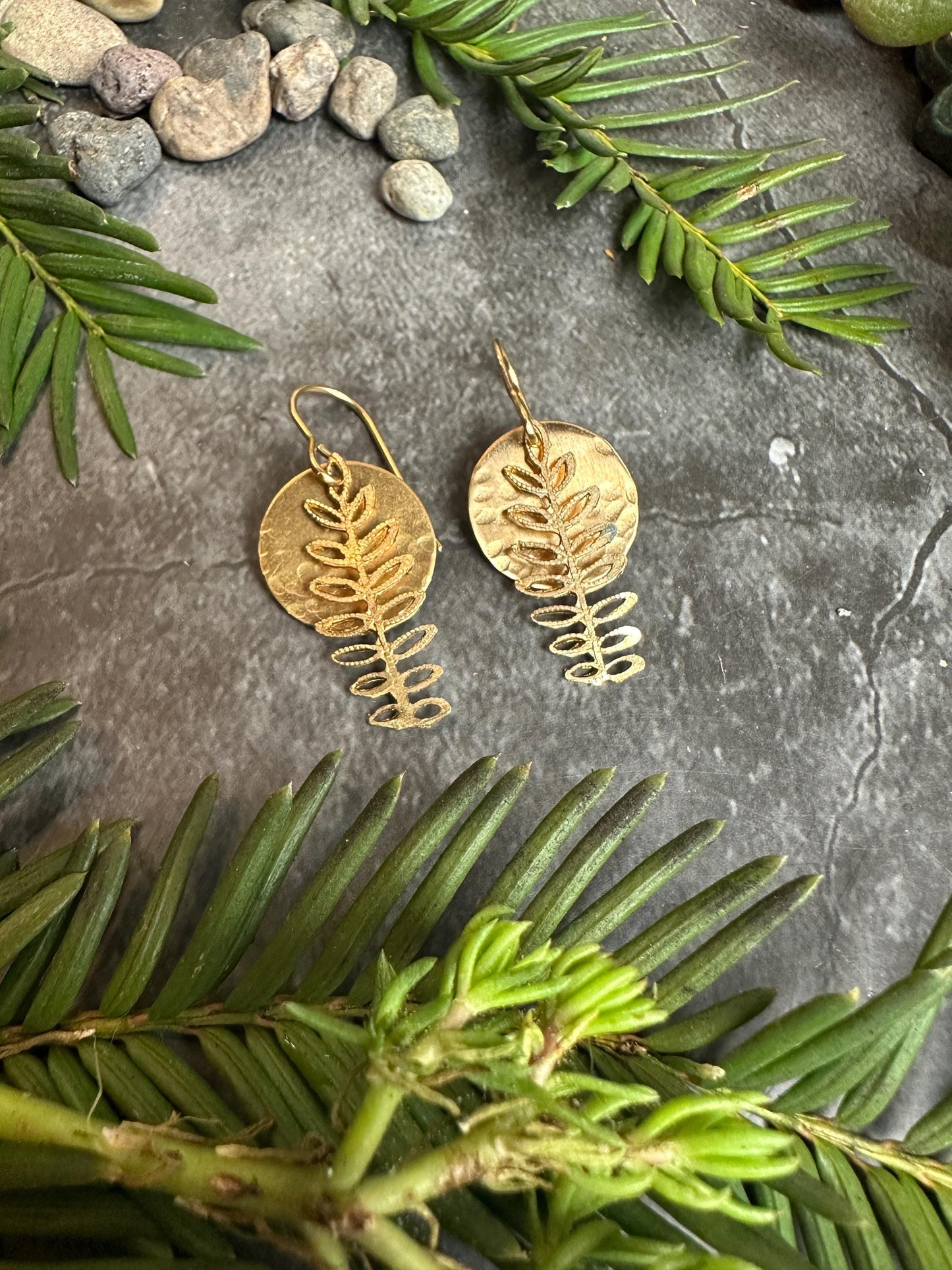 Fern Moon Earrings - Handmade Solid Hammered Brass