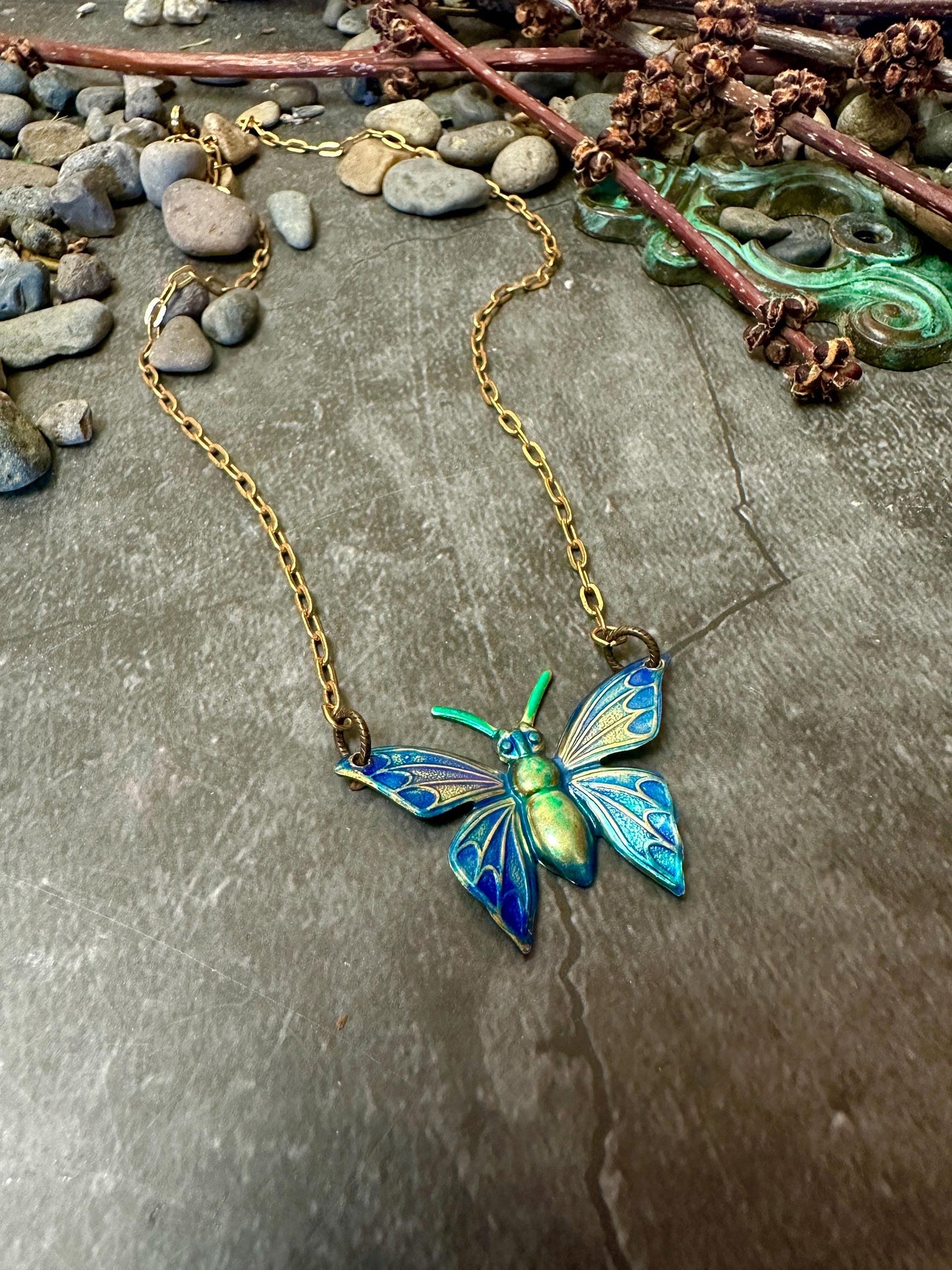 Luminous Butterfly Necklace- Hand Enamel Blue Purple Green Solid Brass - 16in
