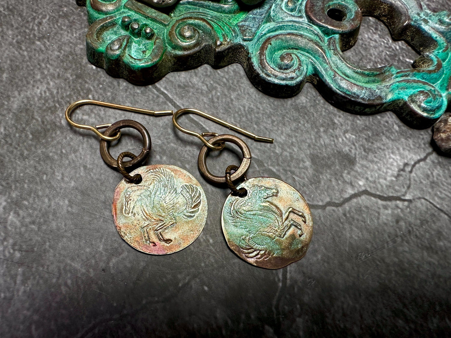 Pegasus Petite Coin Earrings- Handmade Solid Beaten Brass Iridescent Hand Patina