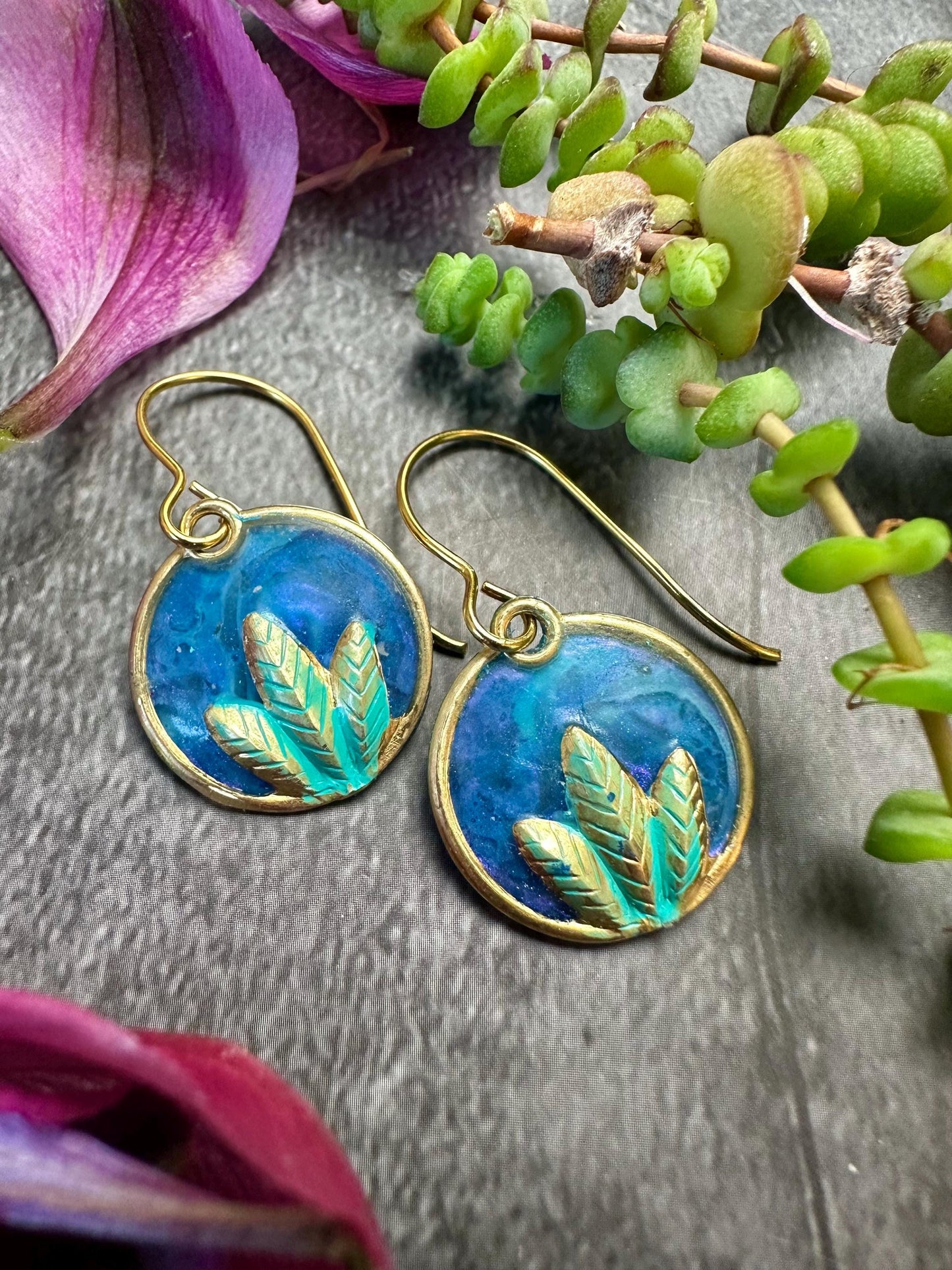 Lotus Bloom Earrings- Handmade Iridescent Patina Hand Colored Resin- blue