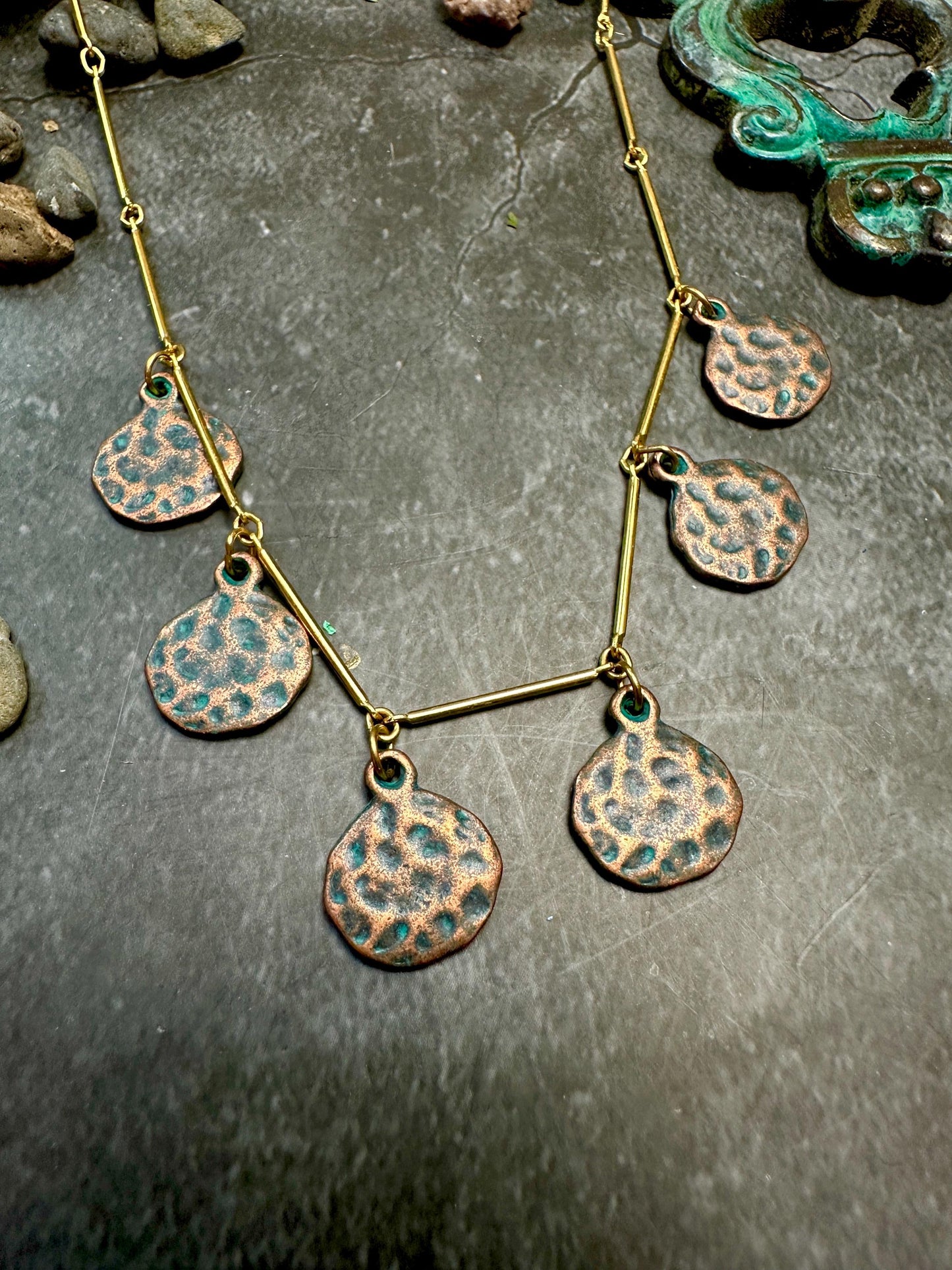 Calypso Necklace- Hammered Copper over Pewter, 10k Gold Plated Chain - 18 inch