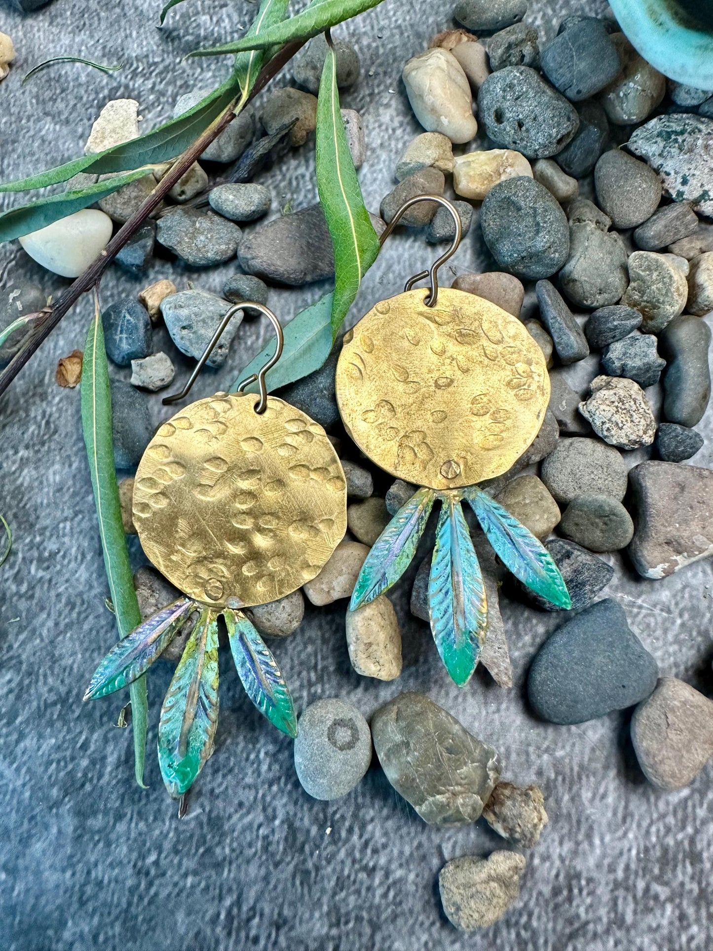 Lotus Sun Earrings - Handmade Solid Beaten Brass Hand Patina