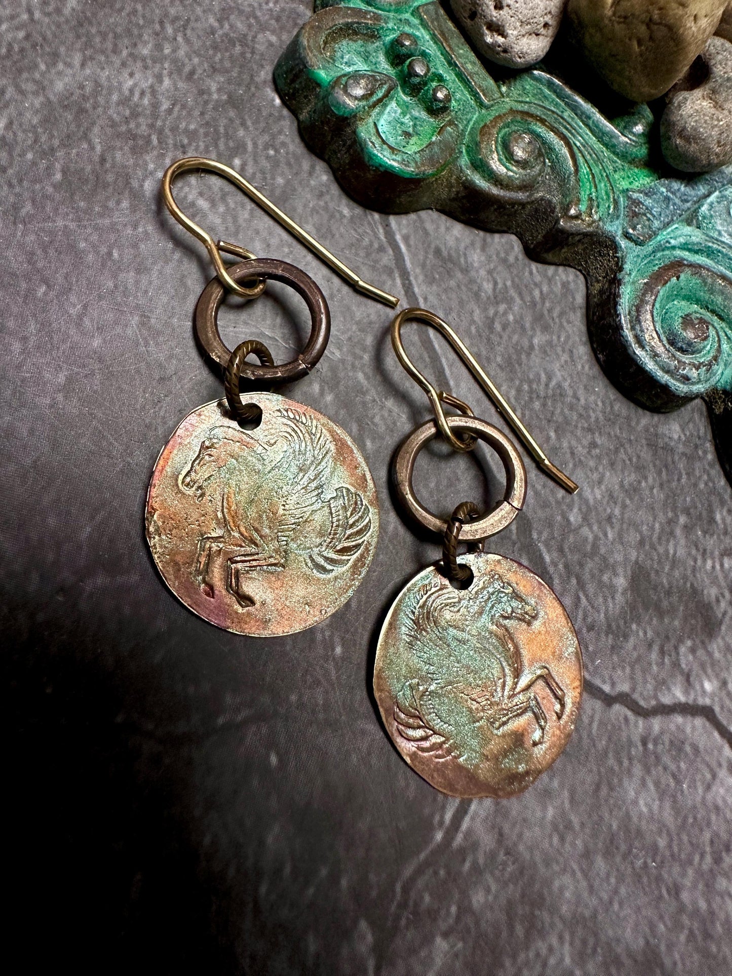 Pegasus Petite Coin Earrings- Handmade Solid Beaten Brass Iridescent Hand Patina