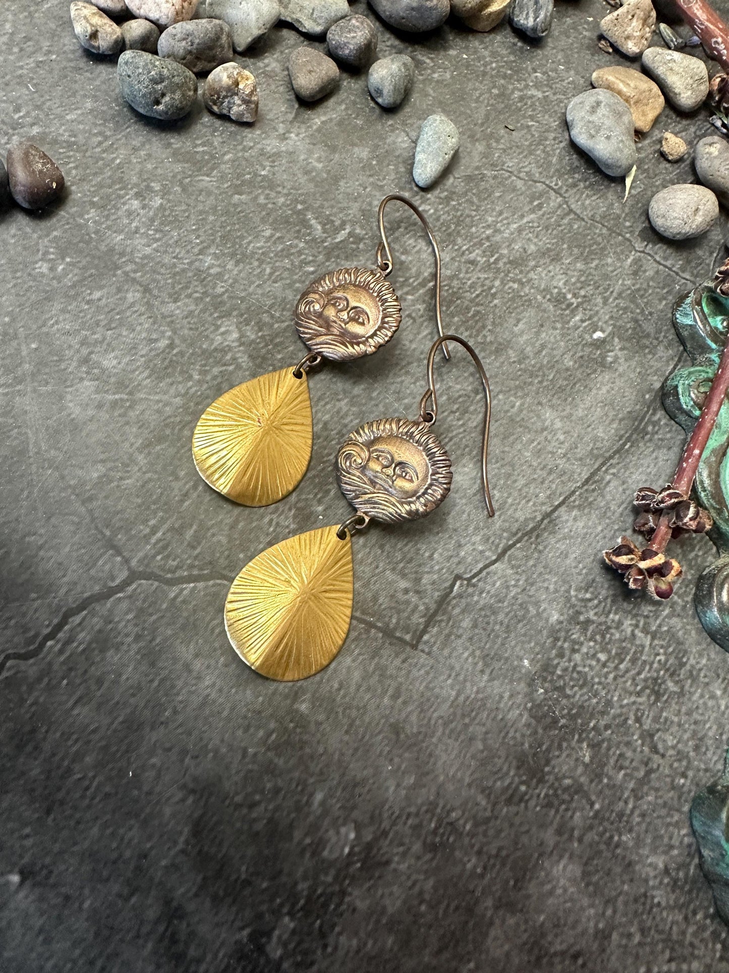 Radiant Sun Waves Teardrop Earrings - Handmade Solid Brass
