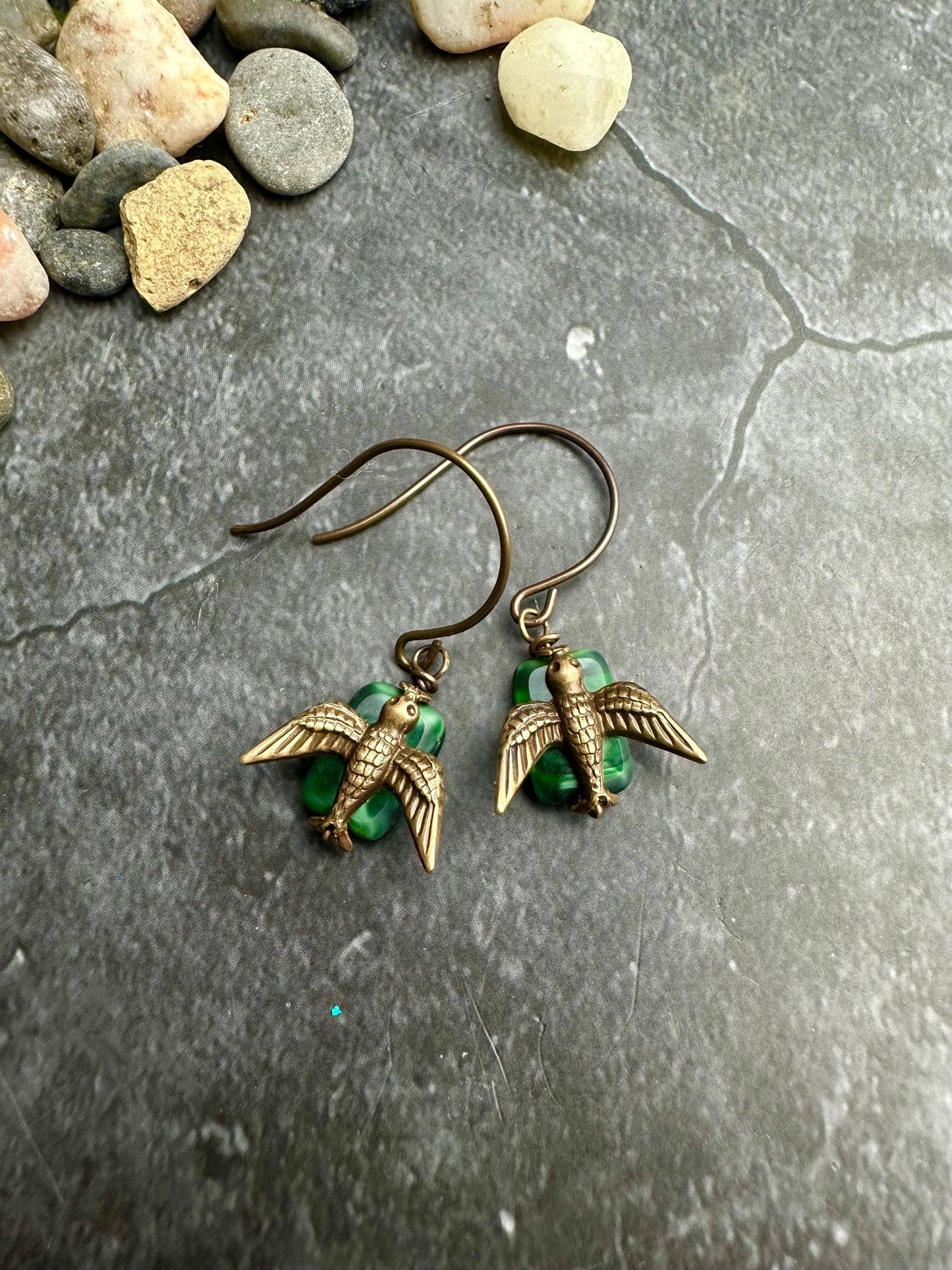 Brass Bird Encased Glass Rectangle Earrings