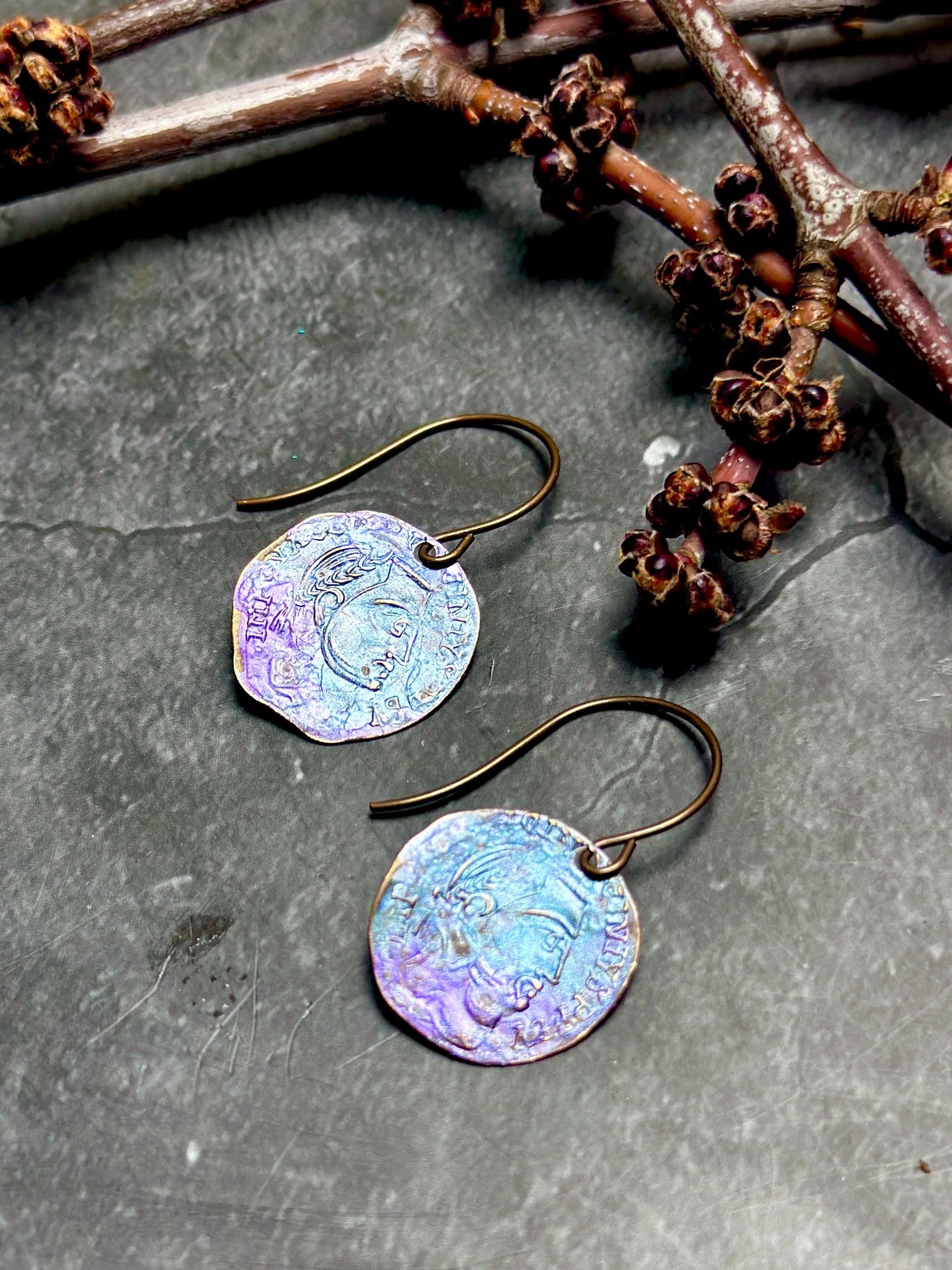 Roman Coin Earrings- Handmade Solid Beaten Brass Iridescent Hand Patina