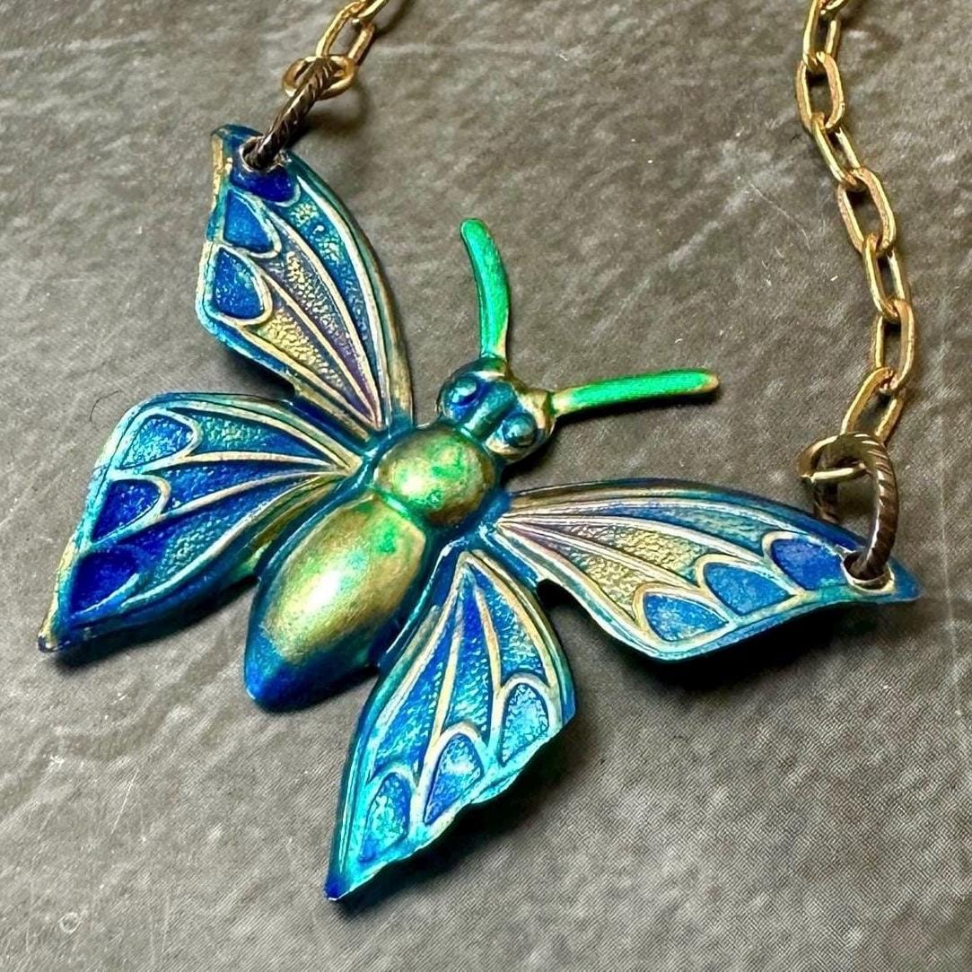 Luminous Butterfly Necklace- Hand Enamel Blue Purple Green Solid Brass - 16in