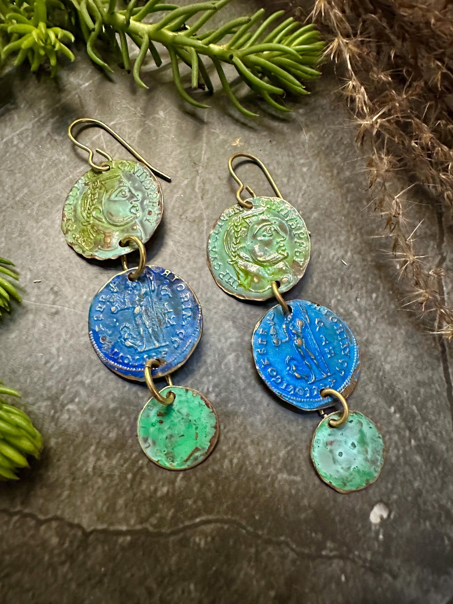 Ancient Coin Earrings- Hand Patina Handmade Solid Beaten Brass