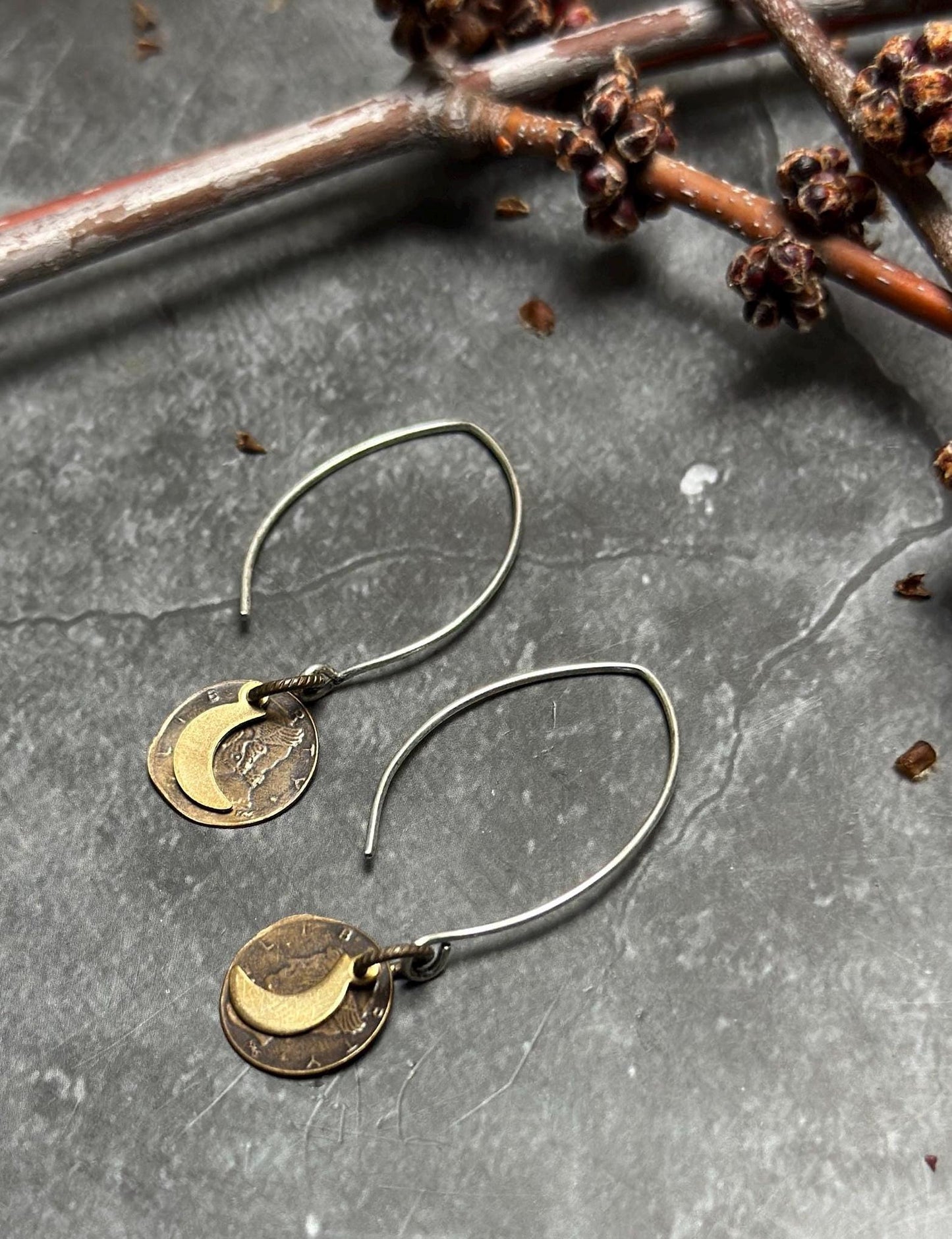 Crescent Moon Coin Earrings - Handmade Solid Beaten Brass