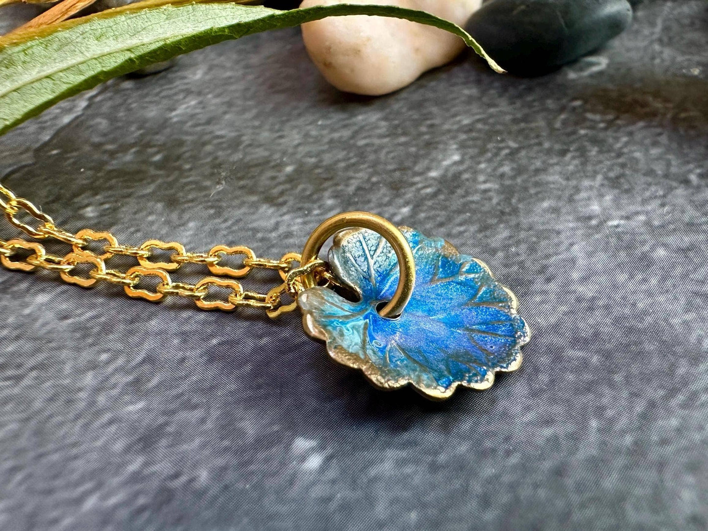 Brass Lily Pad leaf Pendant on 10k Gold-Plated Chain