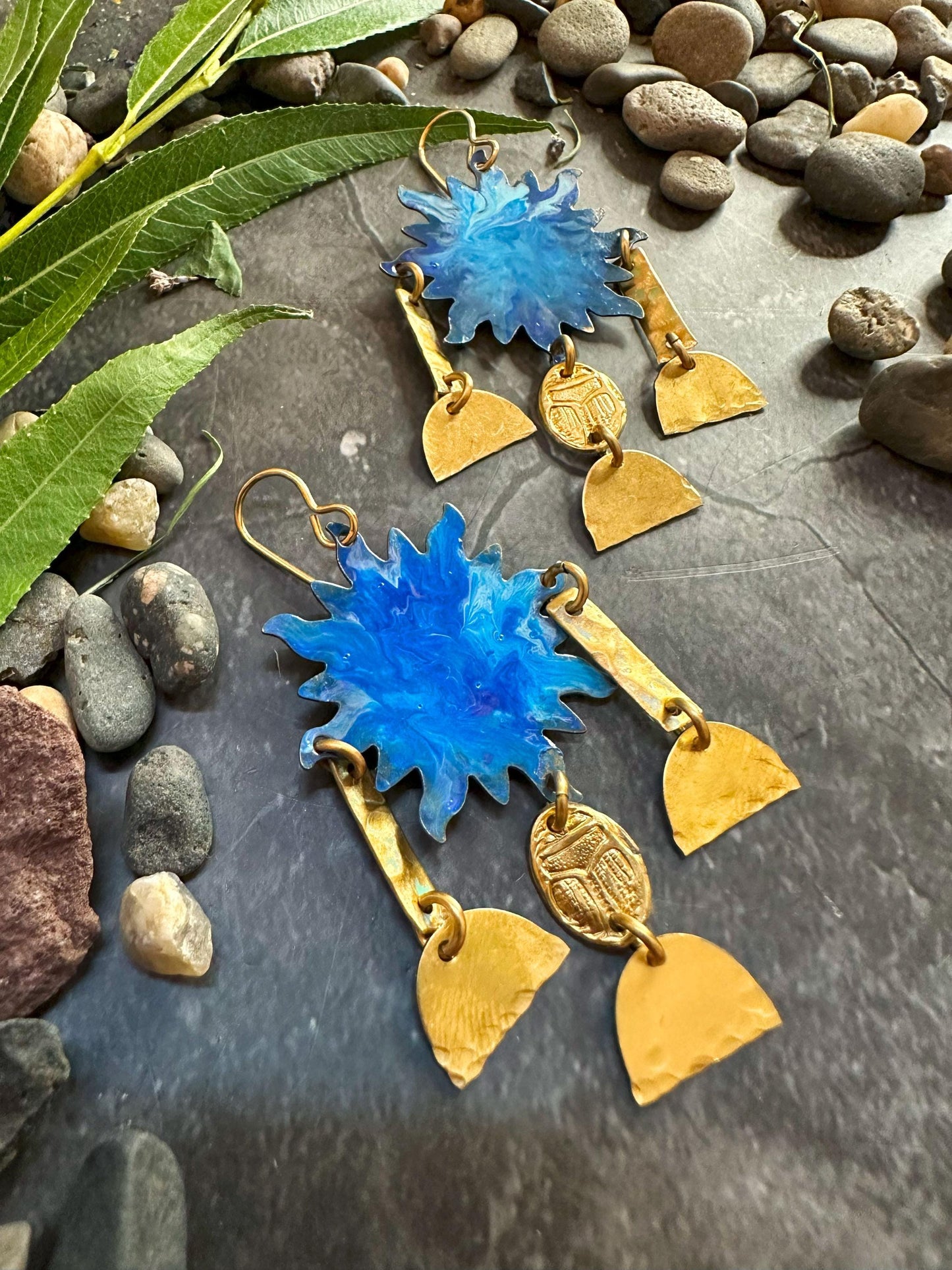 Sun Goddess Earrings - Handmade Solid Beaten Brass Hand Patina