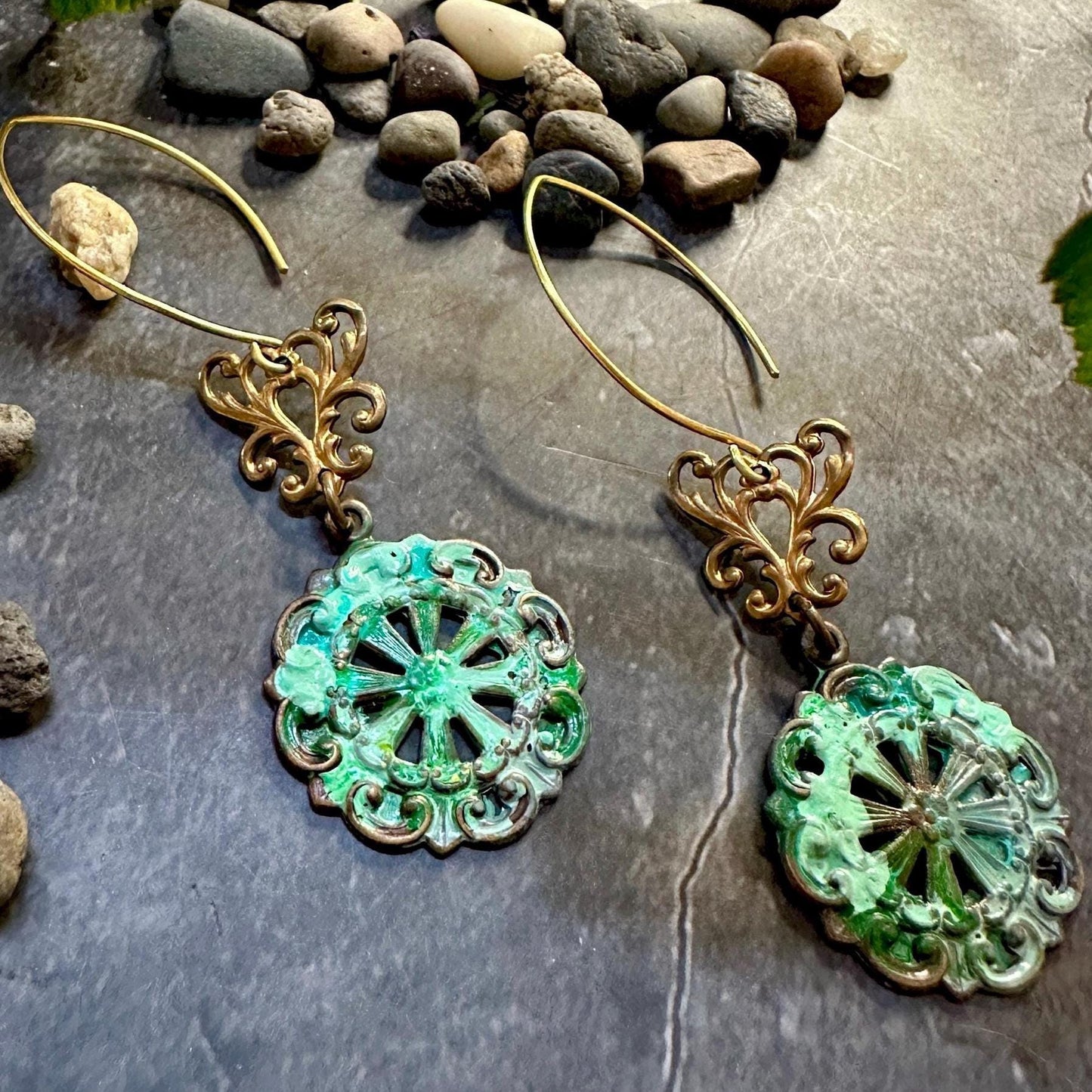 Flourish Filigree Earrings- Handmade Solid Brass Hand Patina