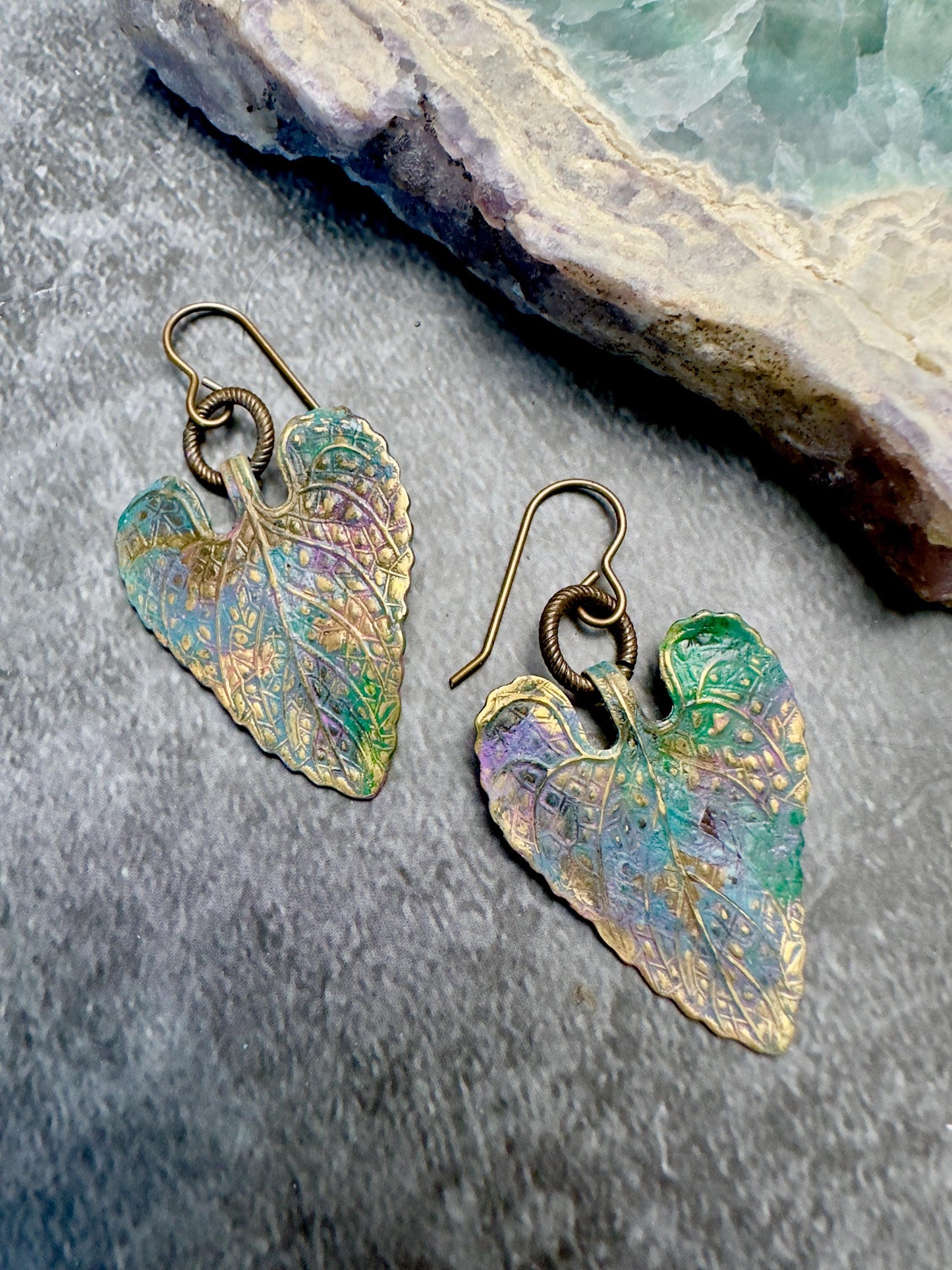 Dicentra Leaf Earrings- Handmade Heart Shaped Solid Beaten Brass Iridescent Hand Patina