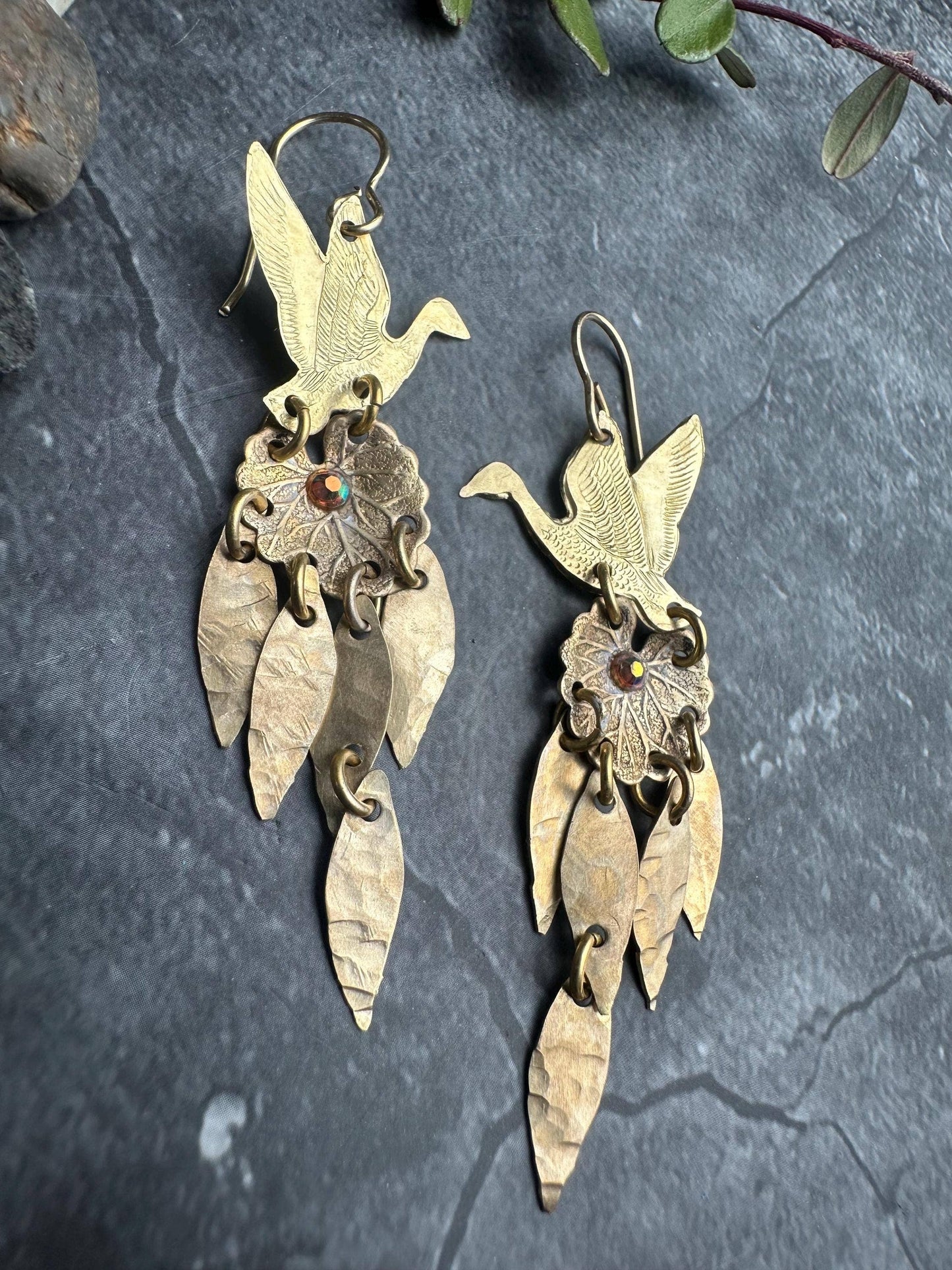 Willow Pond Bird Earrings - Leaf Dangle Brass