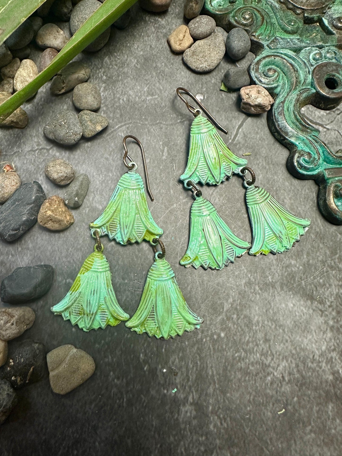 Lotus Drops Earrings- Handmade Beaten Solid Brass- Green Patina