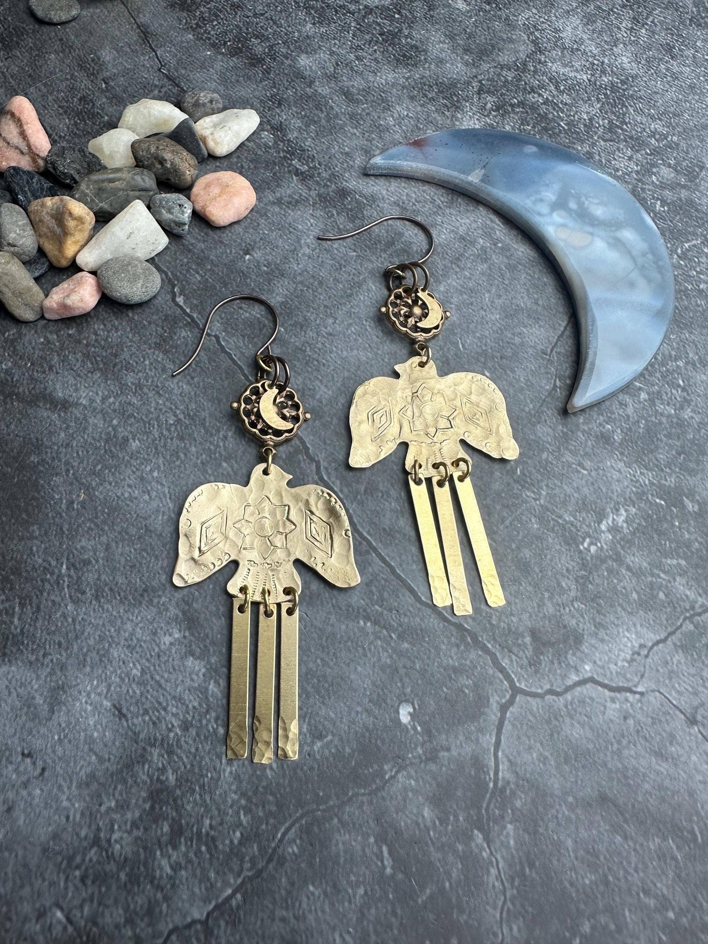 Thunderbird Moon Earrings - Brass Bird Celestial Dangles
