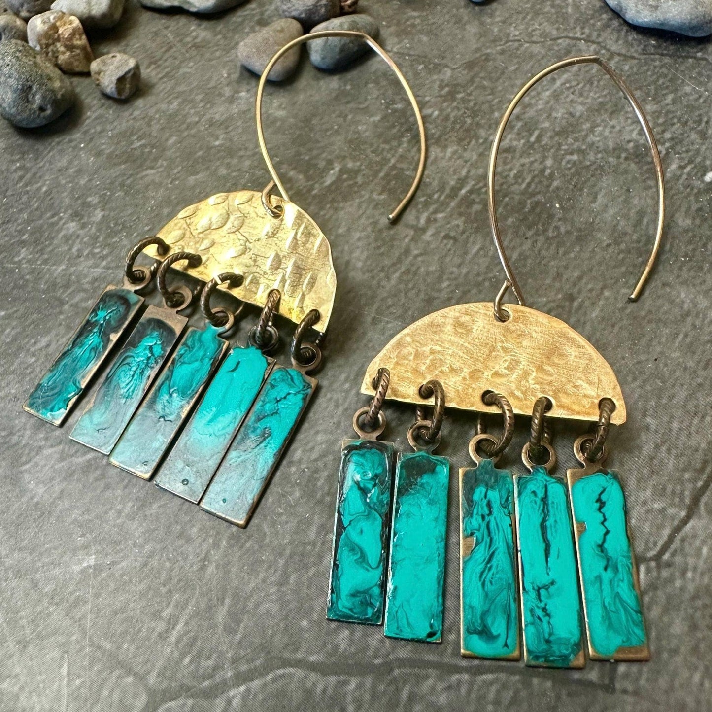 Fringe Earrings - Hammered Brass with Blue Green Enamel