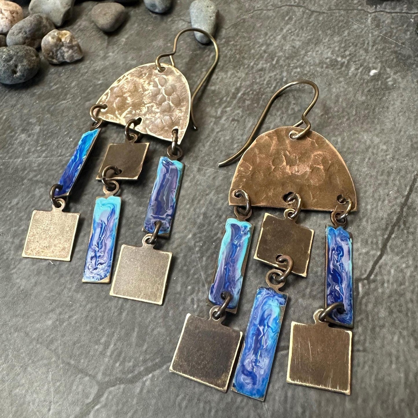 Geometric Dangle Earrings - Handmade Solid Hammered Brass Blue Hand Enamel