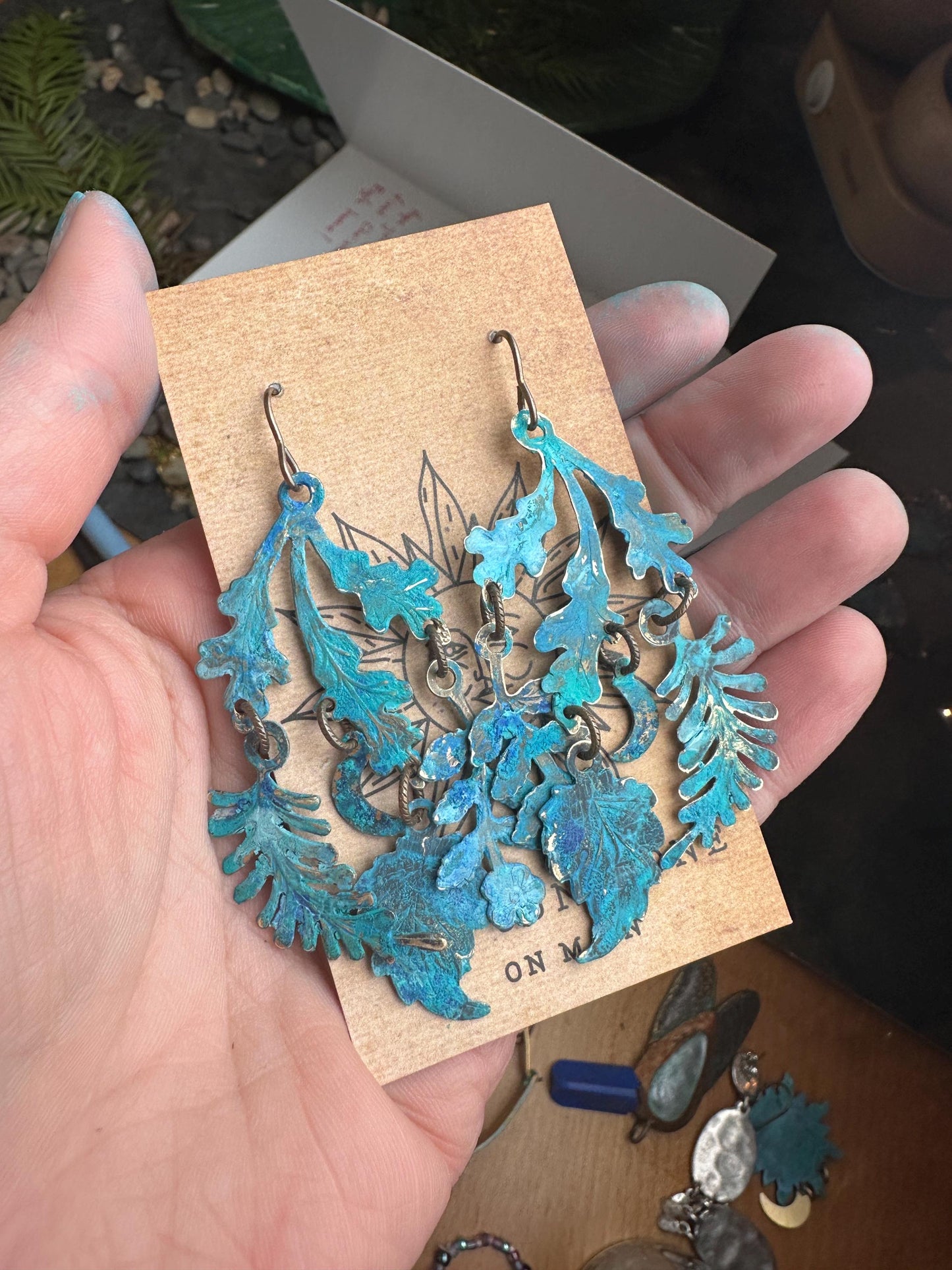 Harvest Moon Earrings- Handmade Beaten Solid Brass - Blue Verdigris