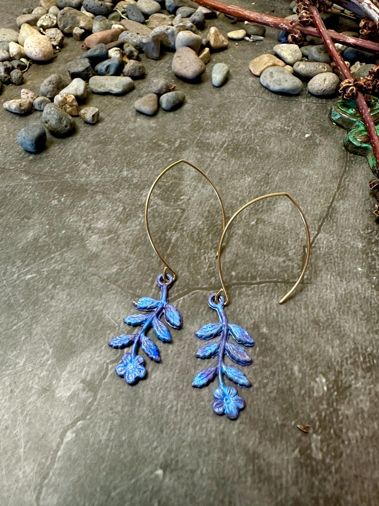 Floral Sprig Charm Earrings Garden Fairy - Handmade Solid Brass Purple Hand Patina