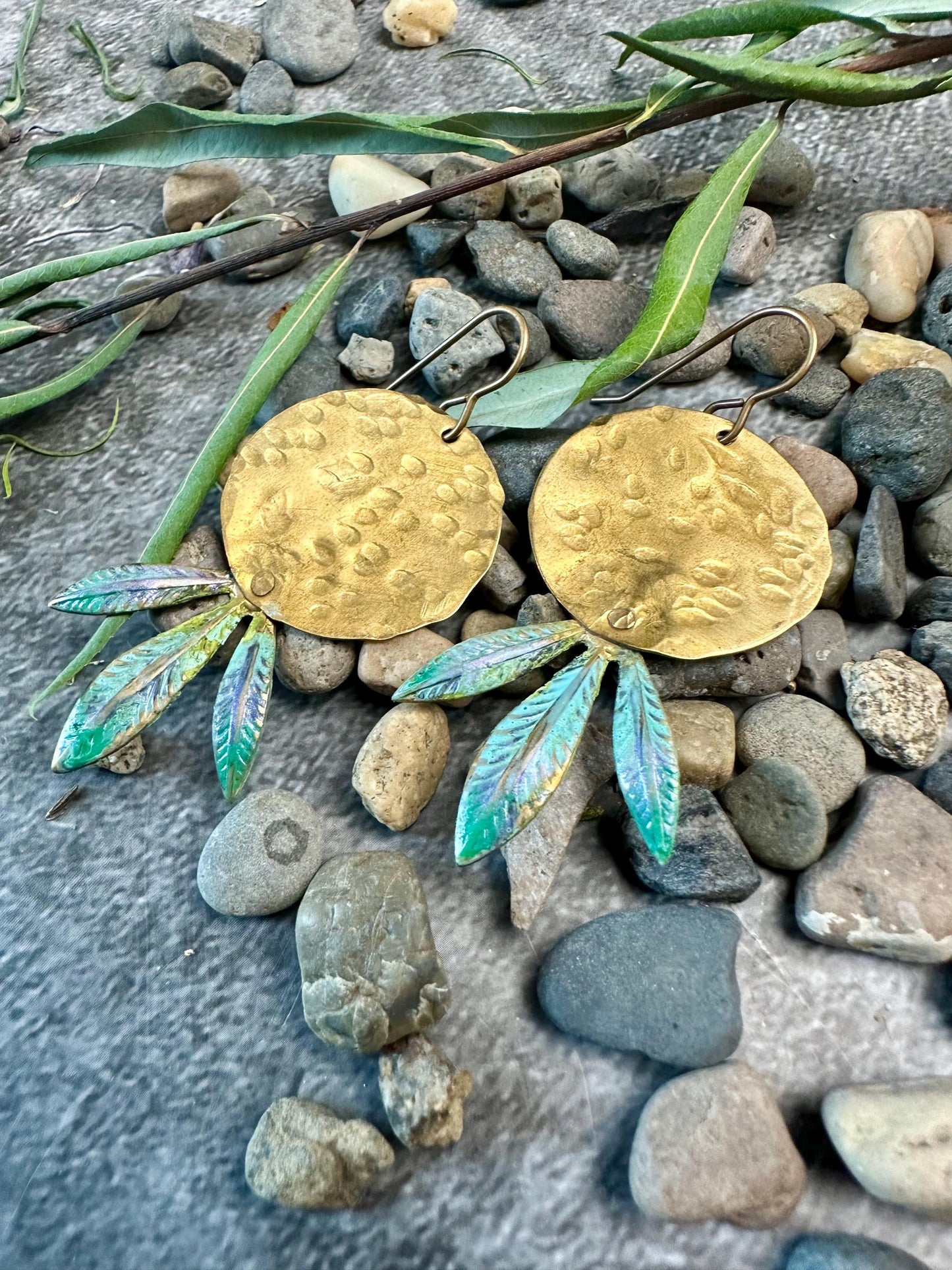 Lotus Sun Earrings - Handmade Solid Beaten Brass Hand Patina