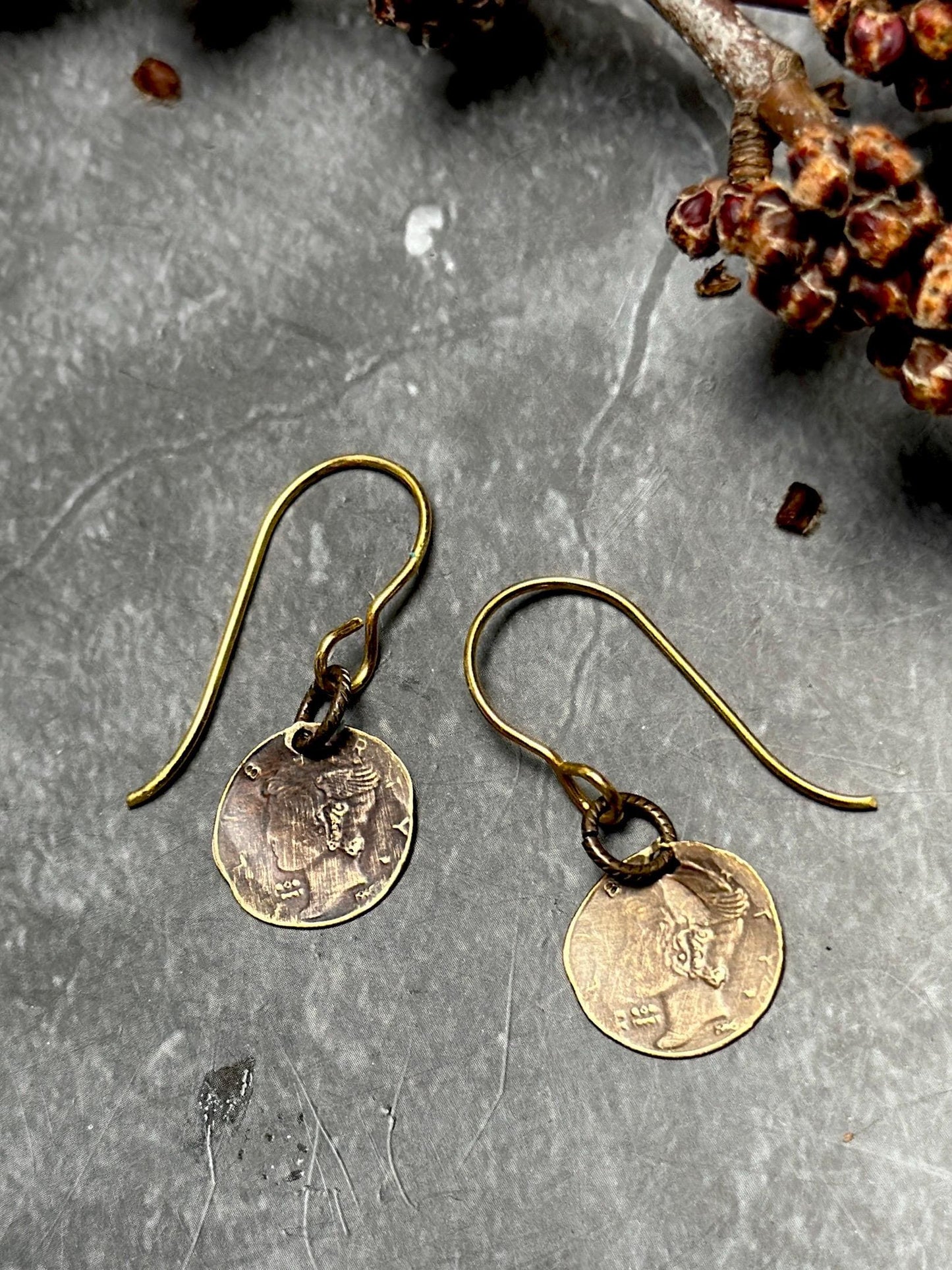 Distressed Coin Earrings Mercury Mythology - Bronze Handmade Solid Beaten Brass