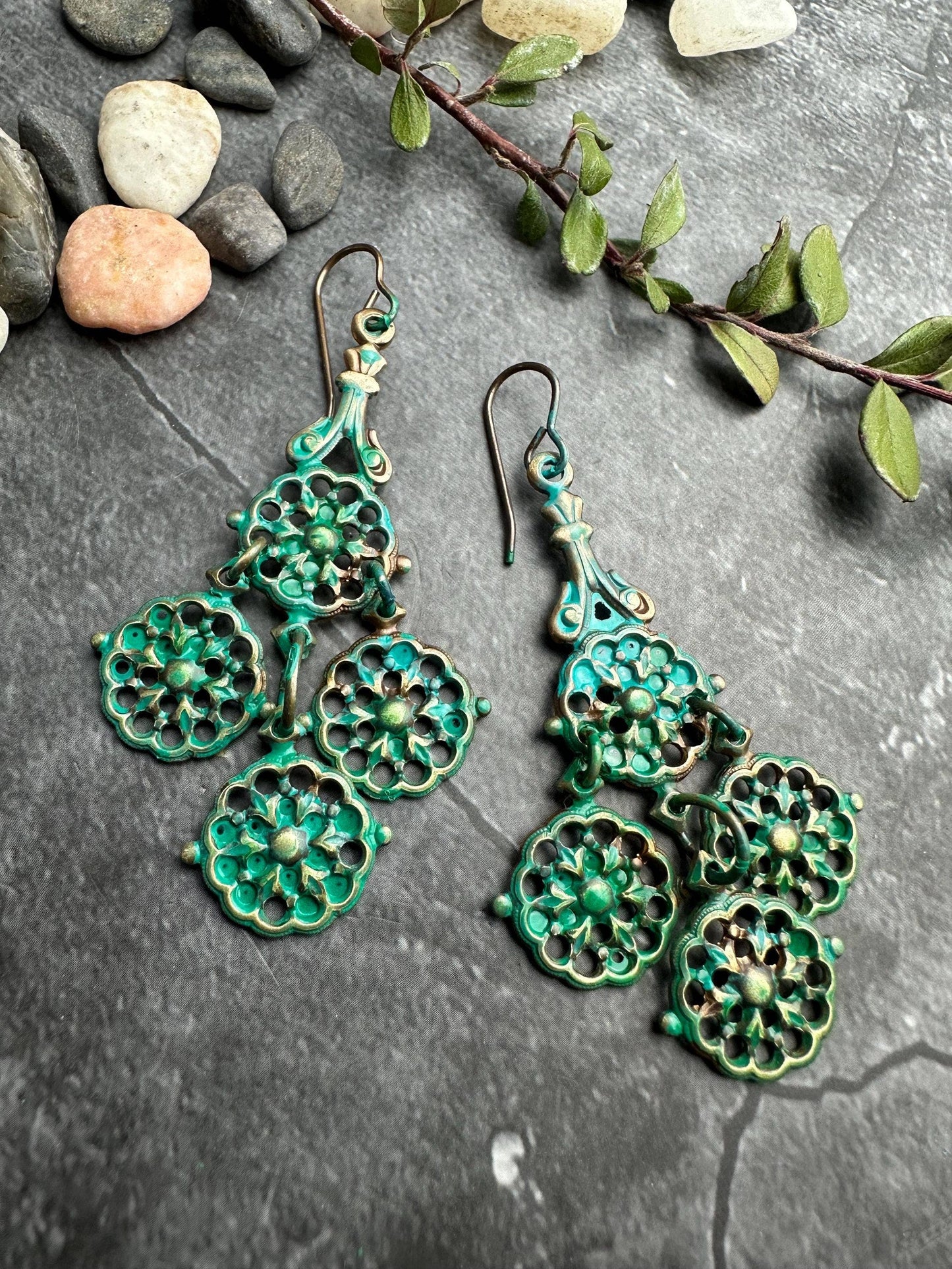 Verdigris Filigree Chandelier Earrings