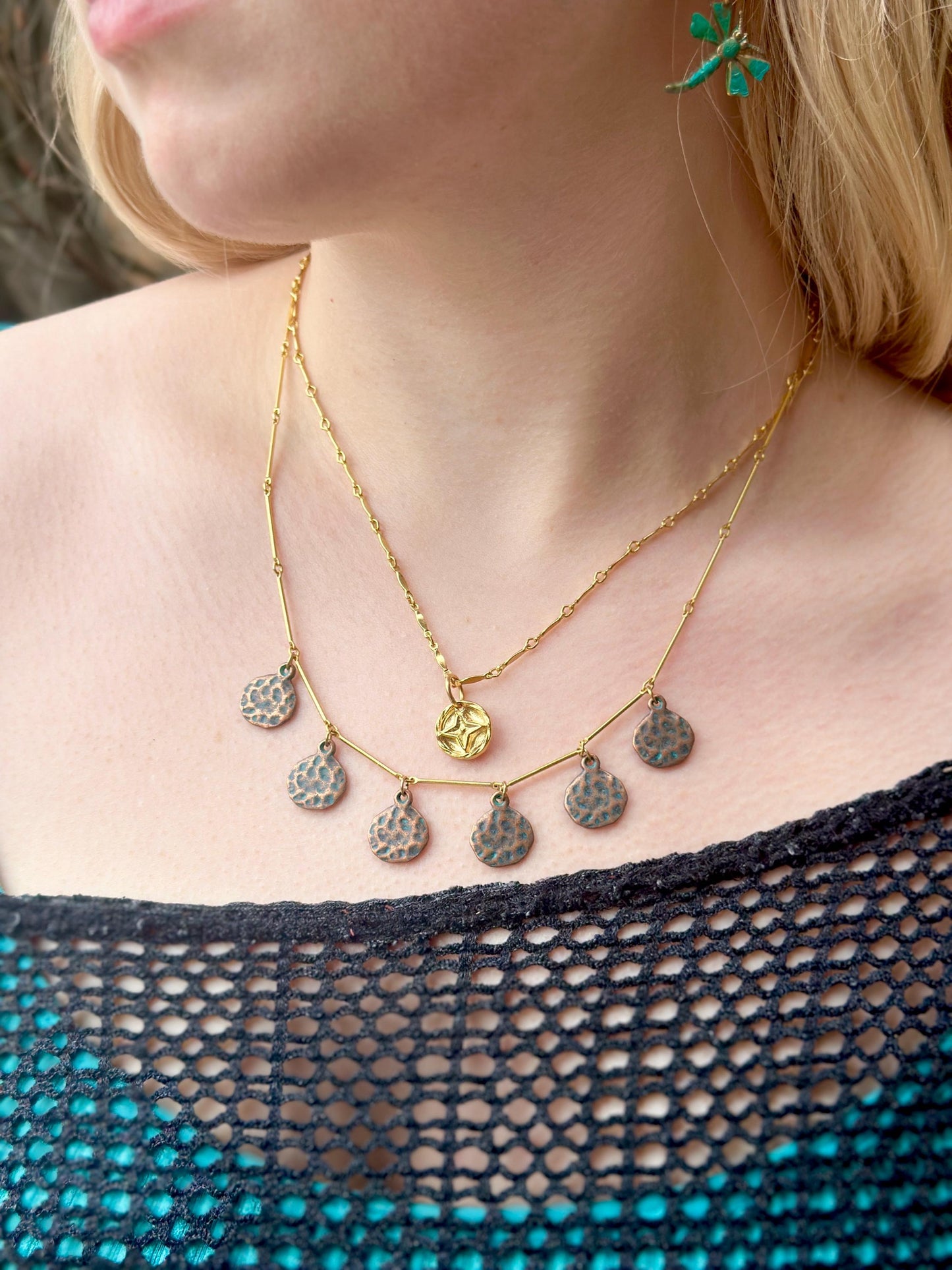 Calypso Necklace- Hammered Copper over Pewter, 10k Gold Plated Chain - 18 inch