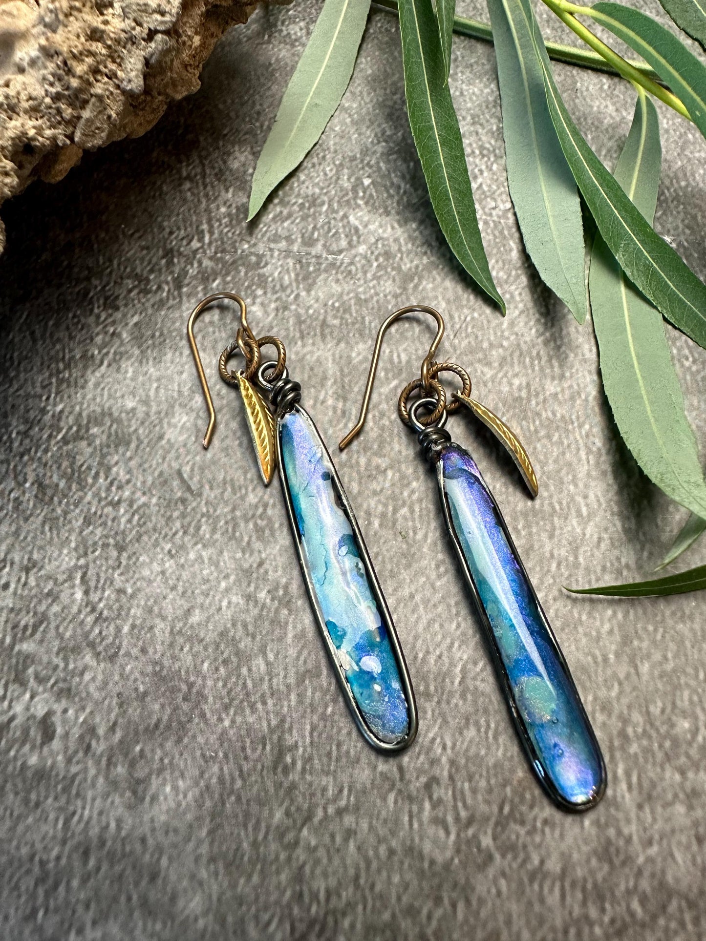 Dragonfly Pool Earrings - Iridescent Handmade Wings Sterling Plated Wire Forms with Hand Colored Resin- Blue