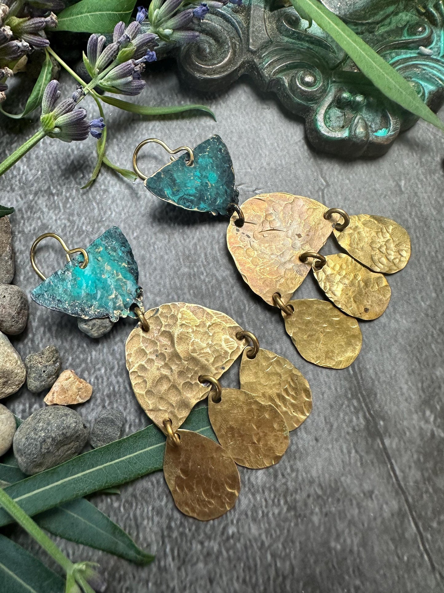 Goddess Tears Earrings - Handmade Solid Beaten Brass Hand Patina