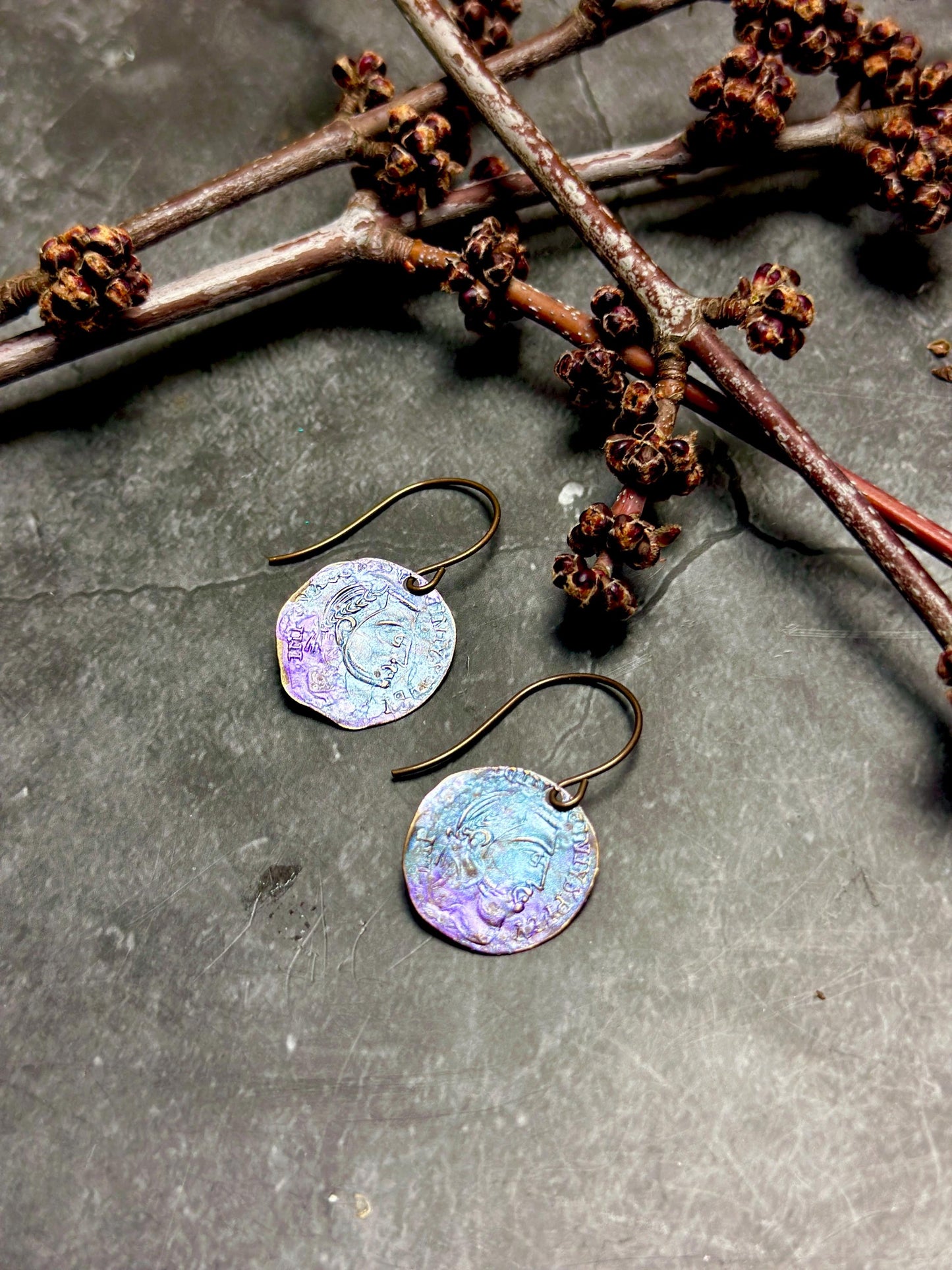 Roman Coin Earrings- Handmade Solid Beaten Brass Iridescent Hand Patina
