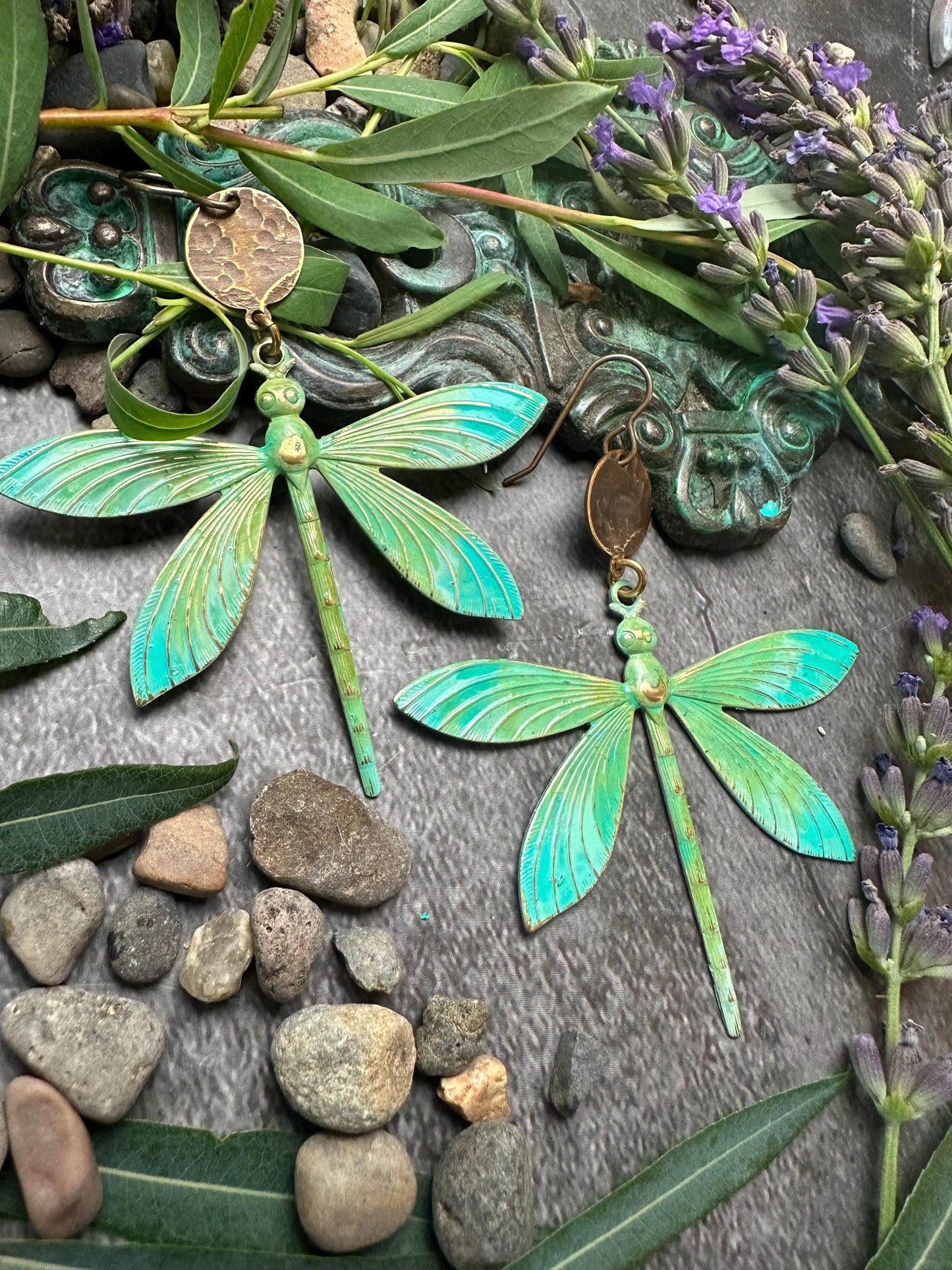 Radiant Dragonfly Earrings - Handmade Solid Beaten Brass Hand Patina