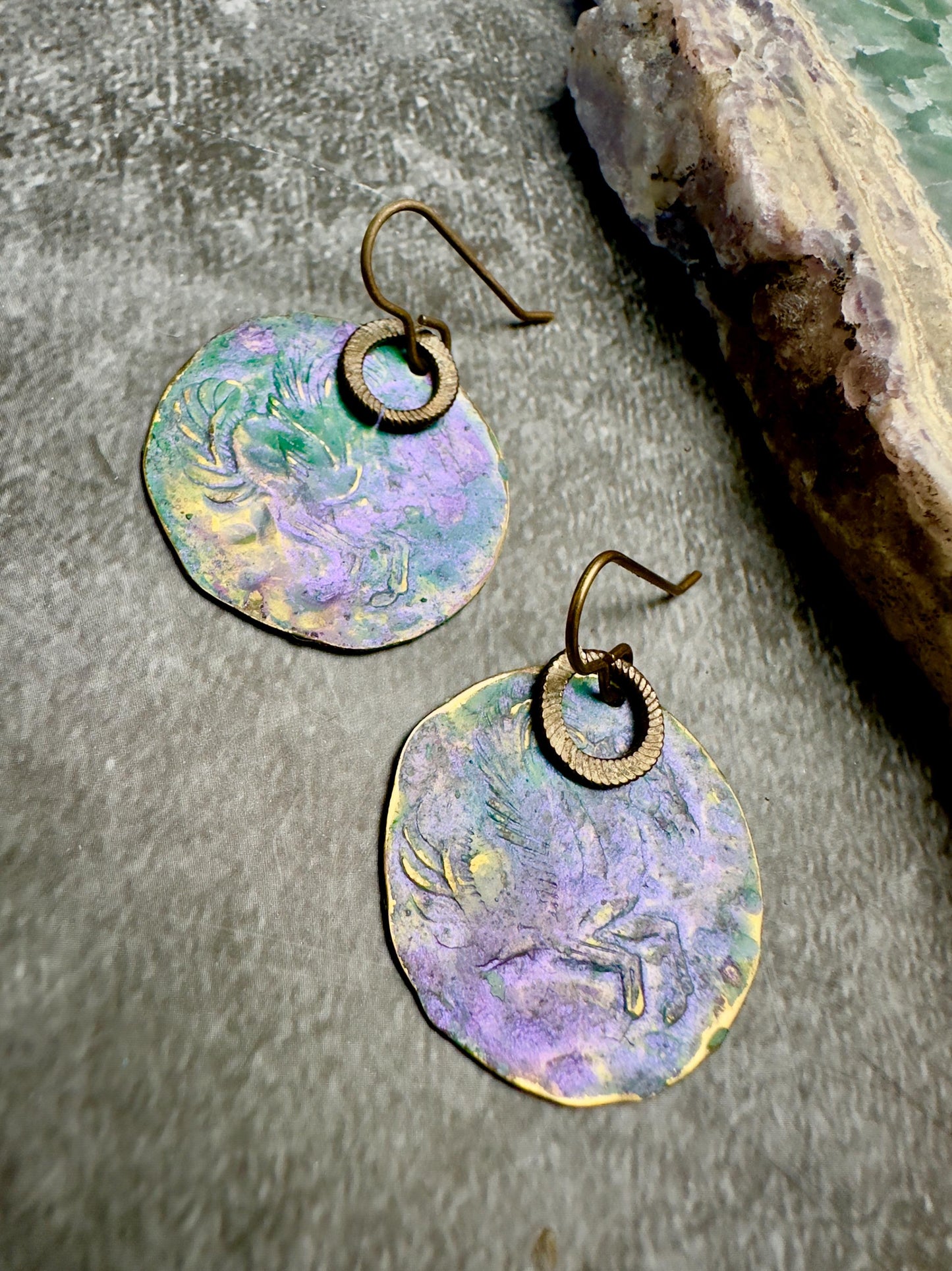 Pegasus Coin Earrings- Handmade Solid Beaten Brass Iridescent Hand Patina