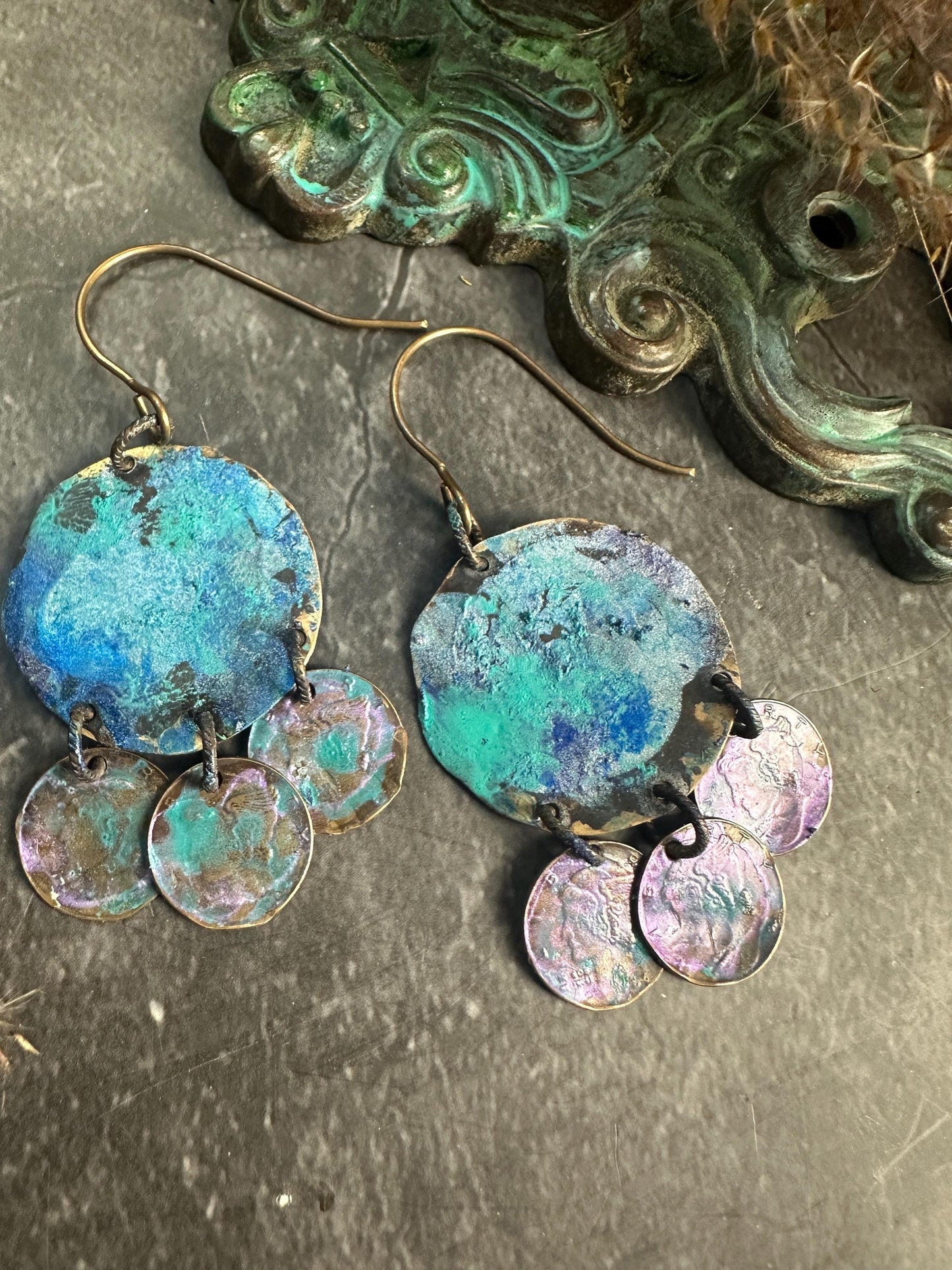 Mermaid Coin Earrings- Hand Patina Handmade Solid Beaten Brass Iridescent Patina