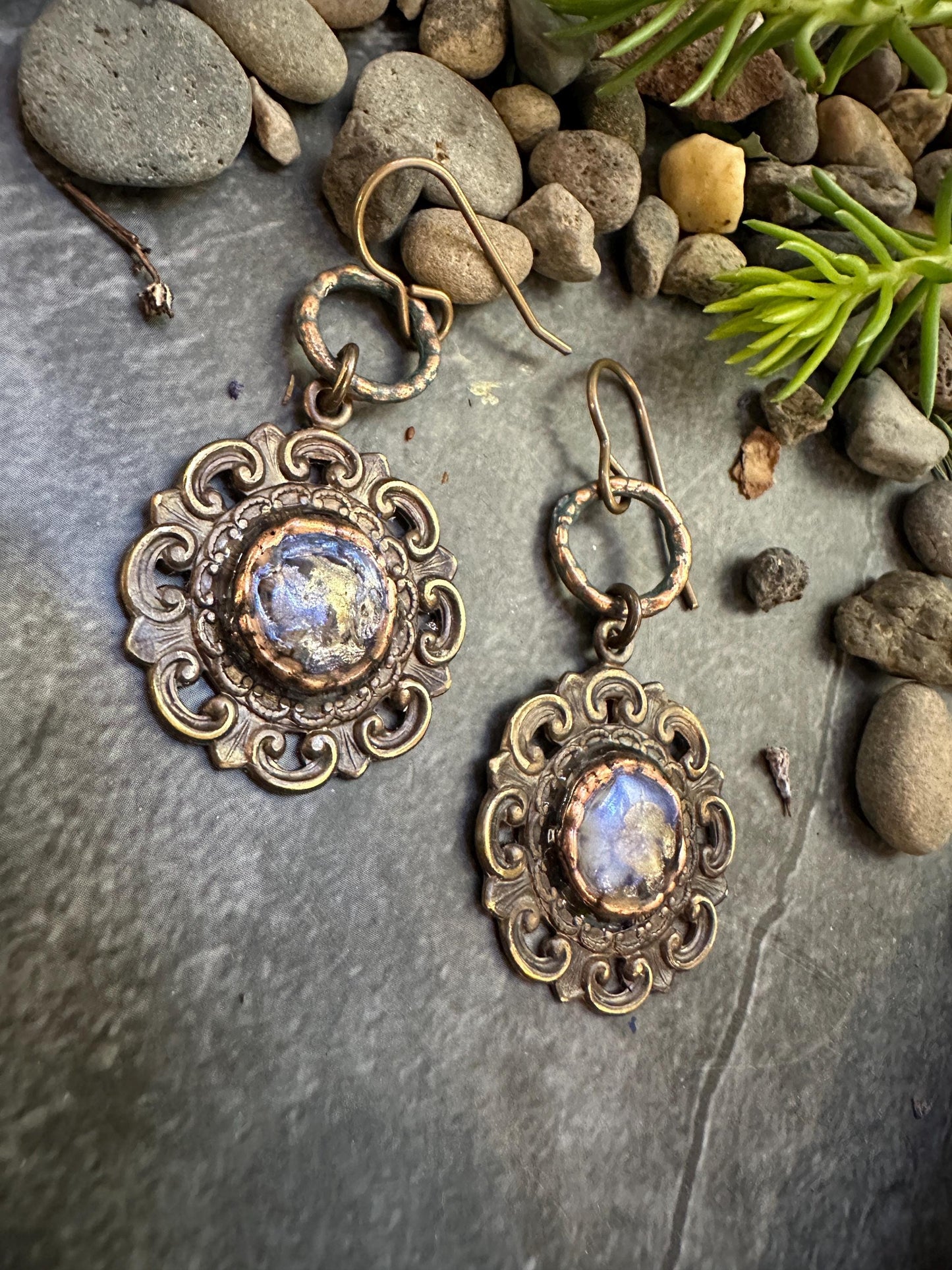 Dewdrop Garden Earrings- Handmade Solid Beaten Brass Iridescent Hand Patina