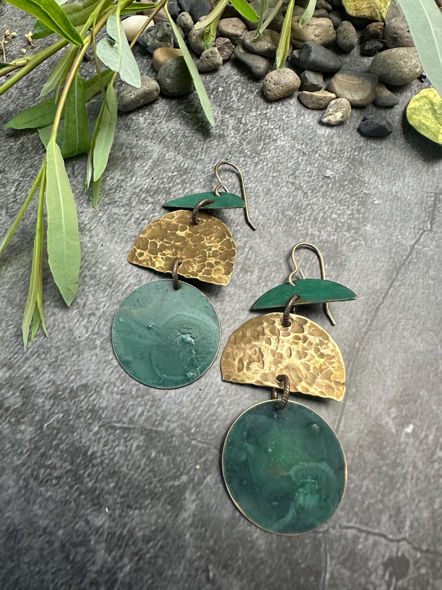 Geometric Shape Earrings - Handmade Solid Hammered Brass Green Hand Patina