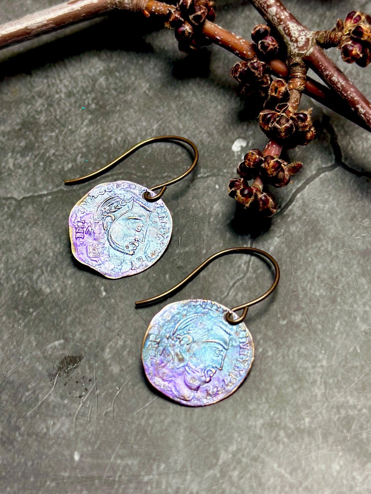 Roman Coin Earrings- Handmade Solid Beaten Brass Iridescent Hand Patina
