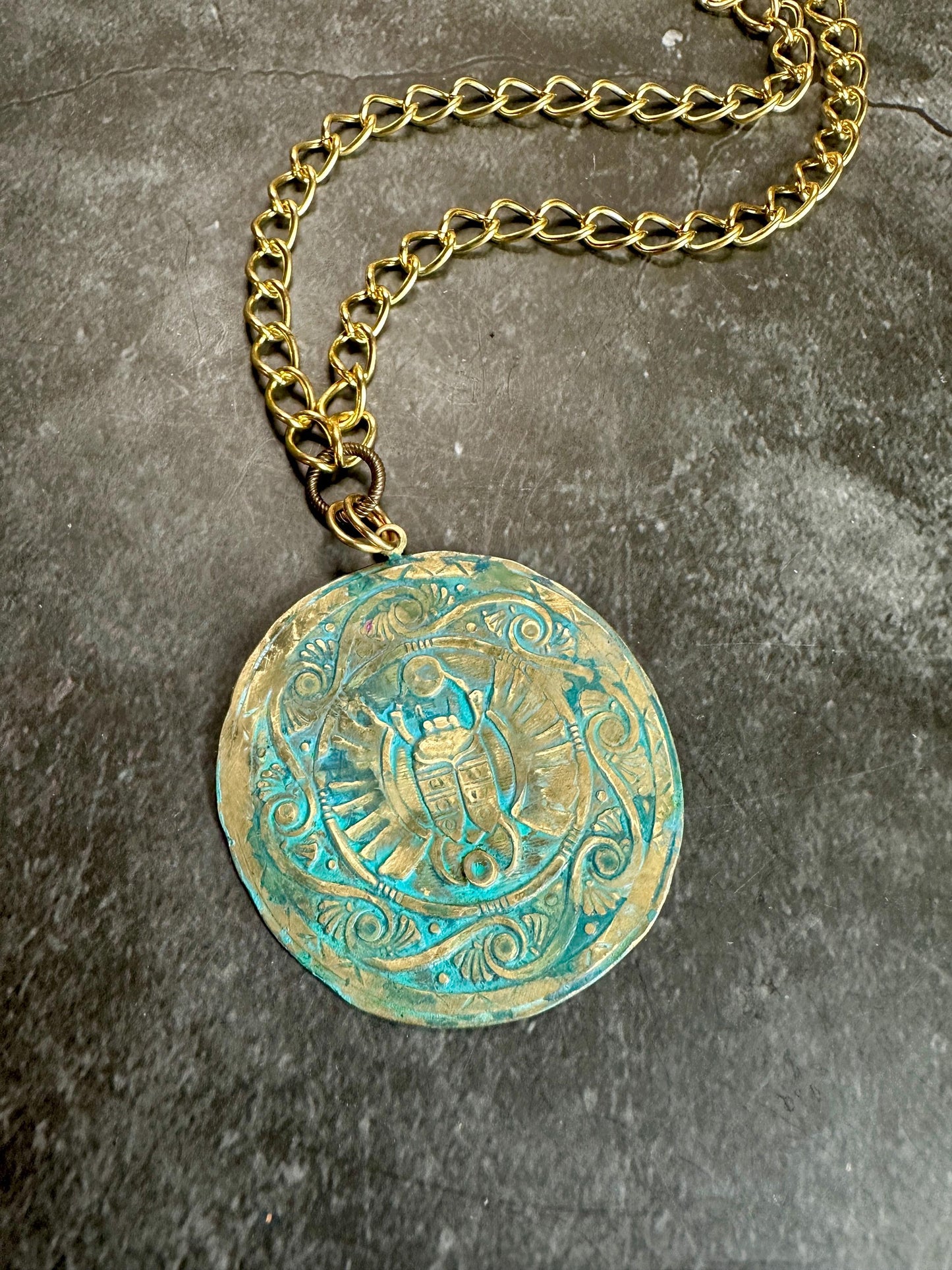 Ancient Scarab Egypt Medallion Necklace - Handmade Solid Beaten Hammered Brass Green Ox Hand Patina Finish