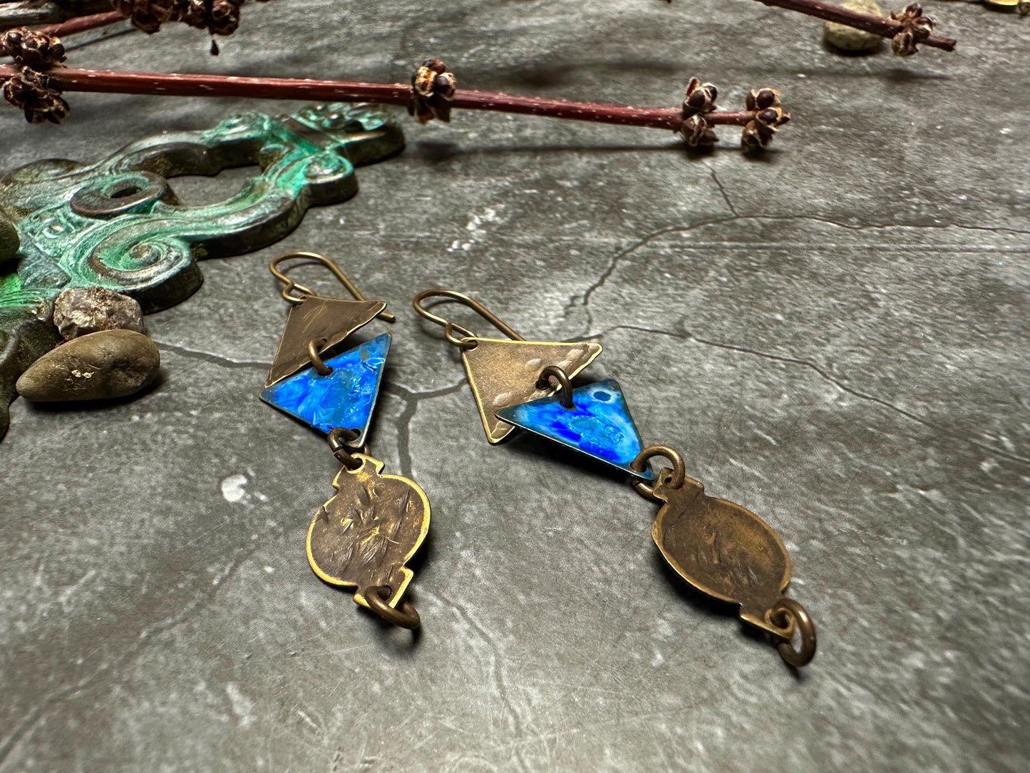 Geometric Triangle Ancient Vessel Earrings- Hand Enamel Blue Bronze Handmade Solid Beaten Brass