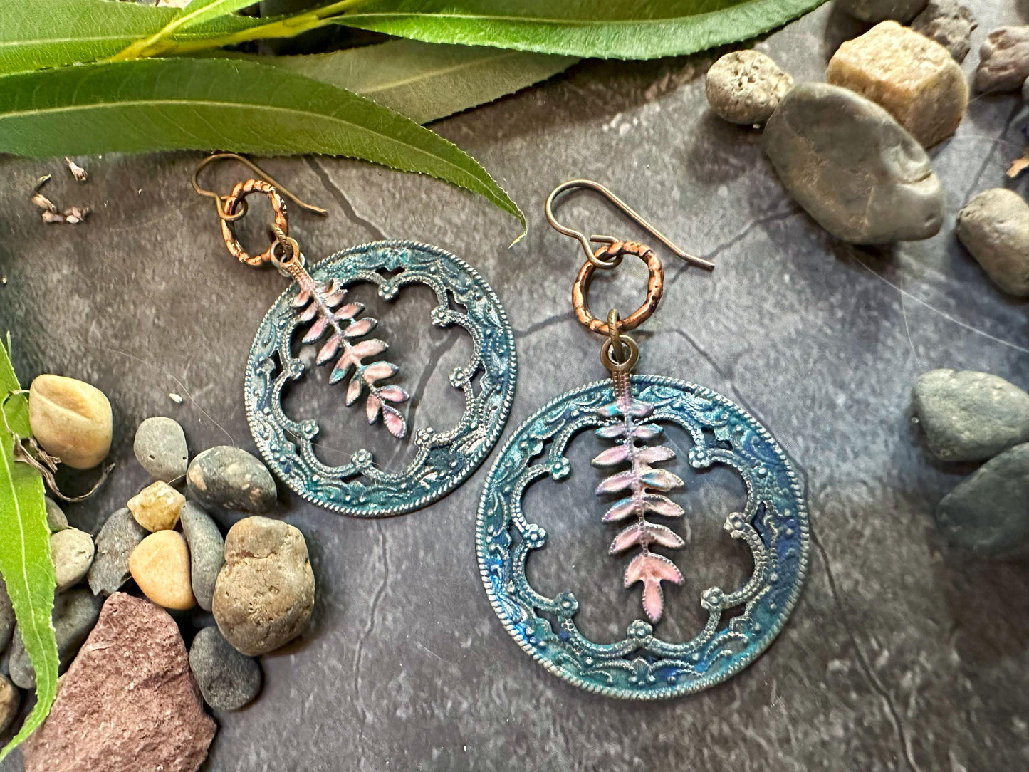 Fern Forest Frame Earrings- Handmade Solid Beaten Brass Iridescent Hand Patina