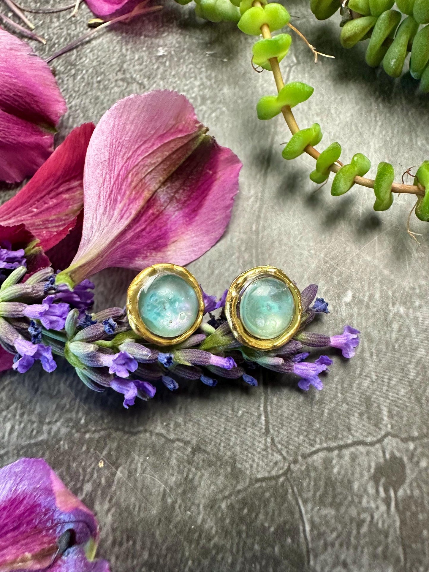 Moon Beam Post Earrings- Handmade Iridescent Hand Colored Resin- aqua