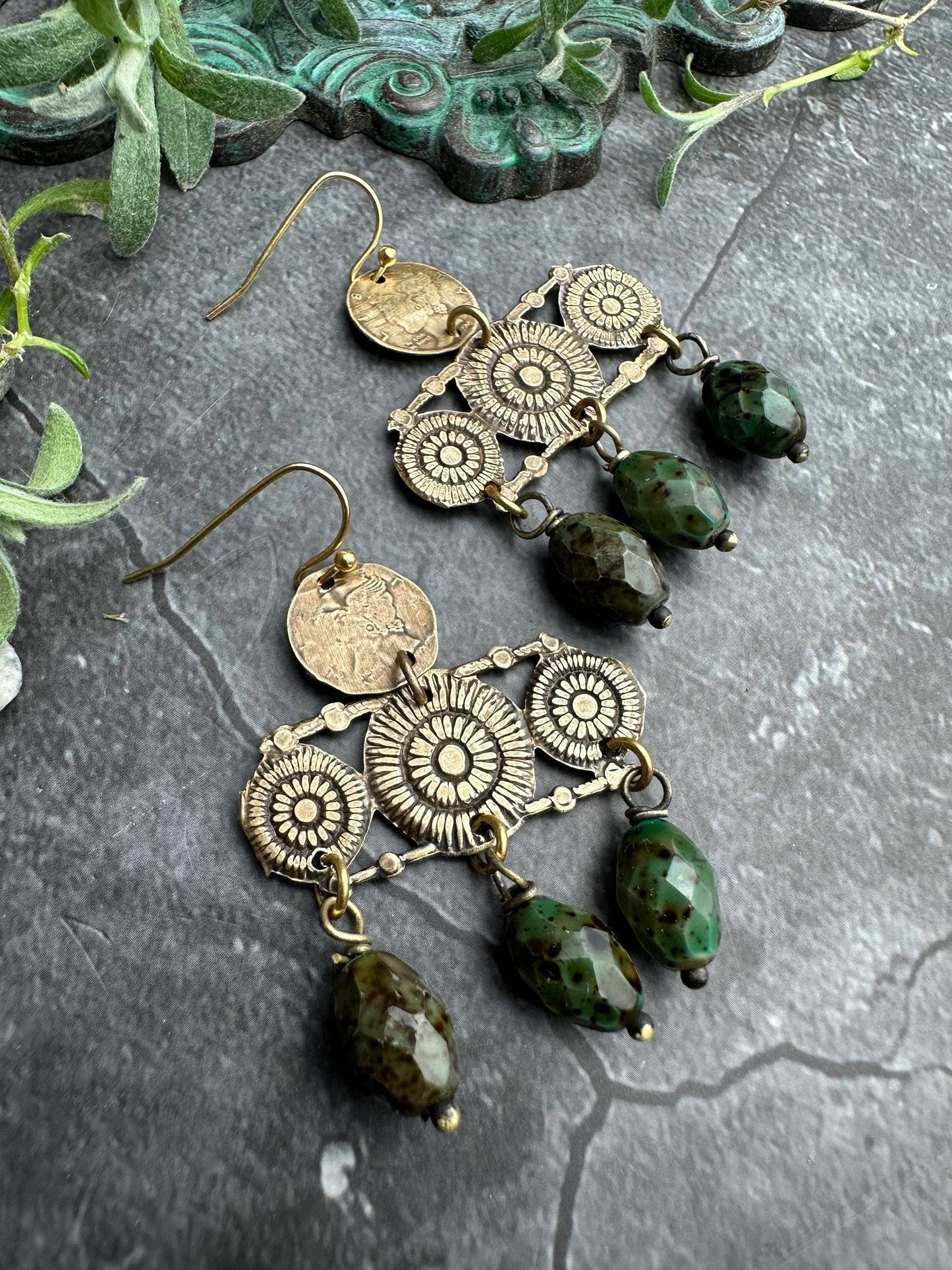 Sunburst Chandelier Earrings with Green Jasper Art Glass